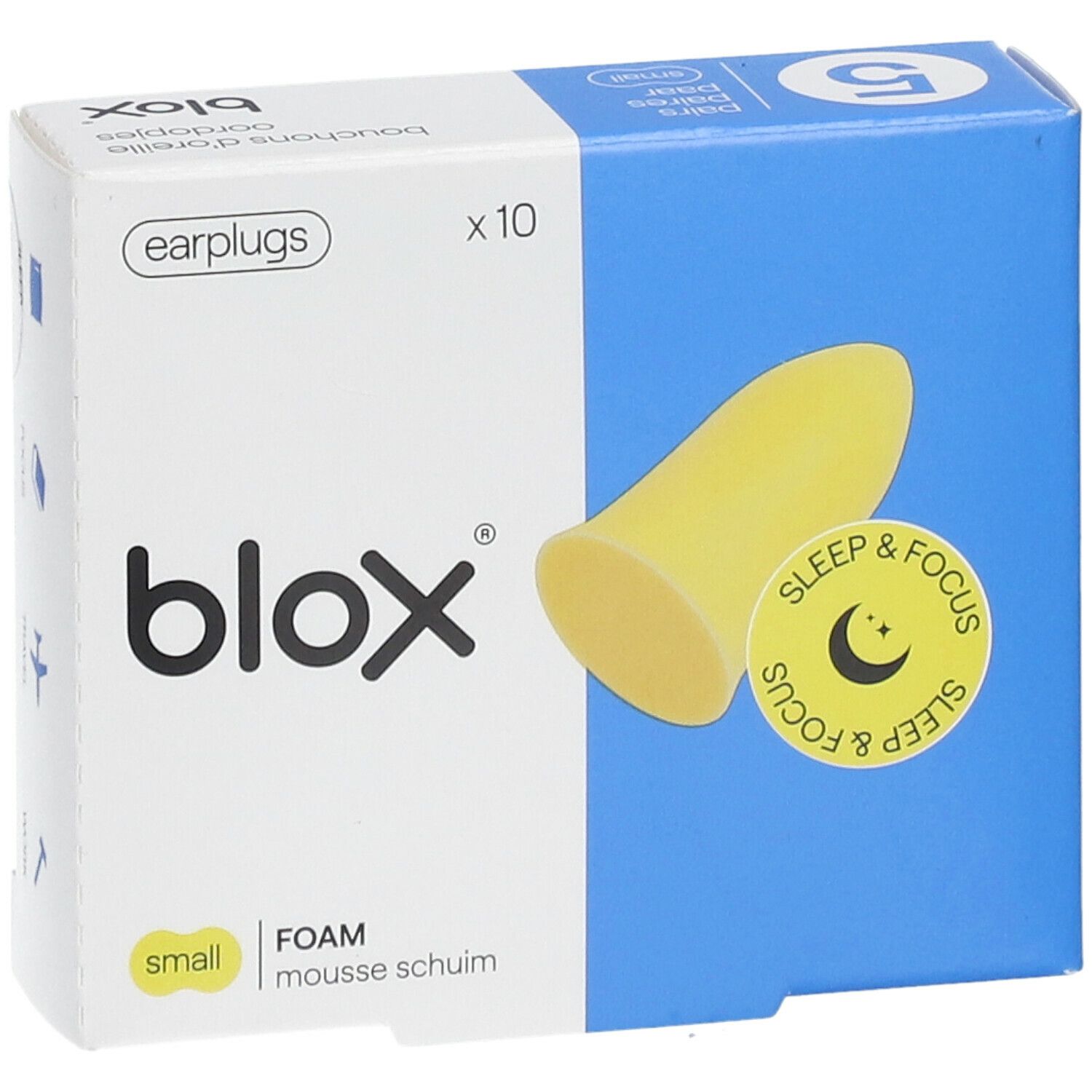 Boîte de bouchons d'oreille blox® jaunes. Inscription : Sleep & Focus, small, FOAM. Contient 10 pièces.