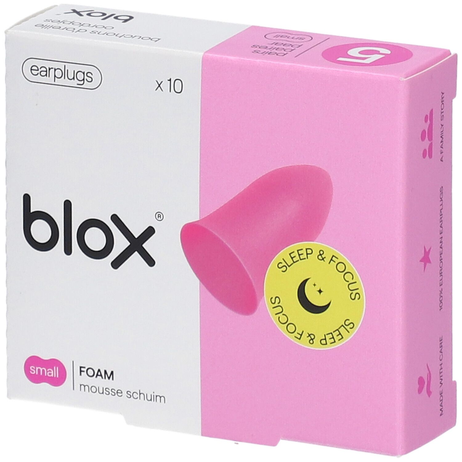 Roze oordopjes in verpakking. Merk blox, opschrift 'Sleep & Focus'. Kleine maat, schuim.