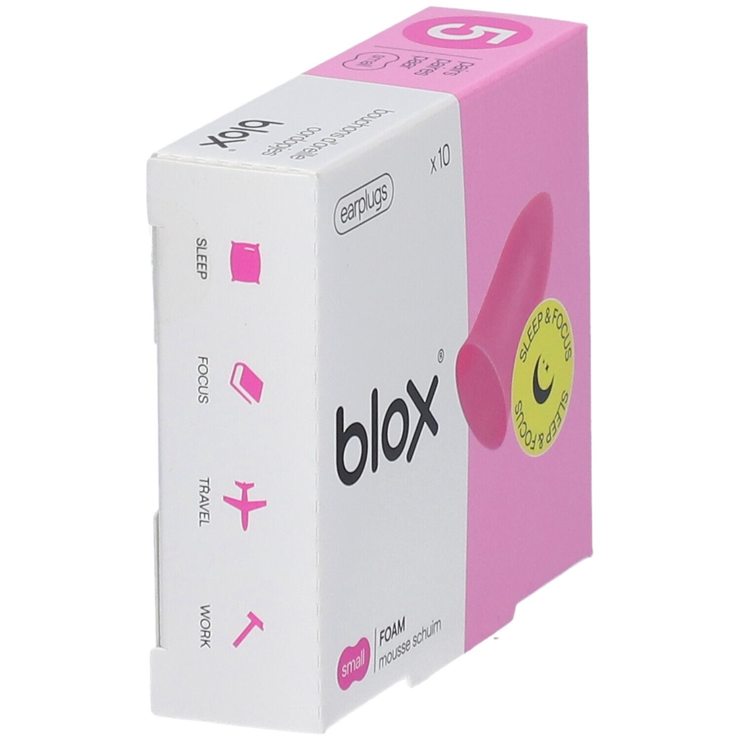 Verpakking met roze oordopjes. Merk blox, opschrift 'Sleep & Focus'. Kleine maat, schuim.