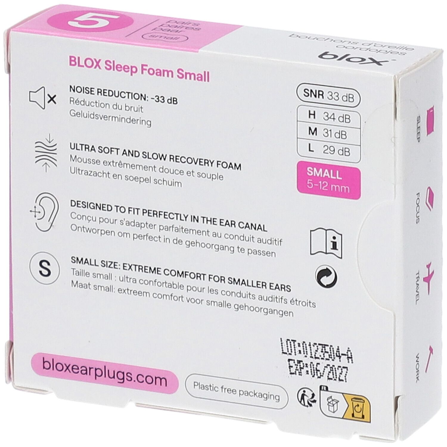 Achterkant van de verpakking met informatie. Merk blox. Opschrift 'Sleep Foam Small'. Geluidsreductie, SNR 33 dB.