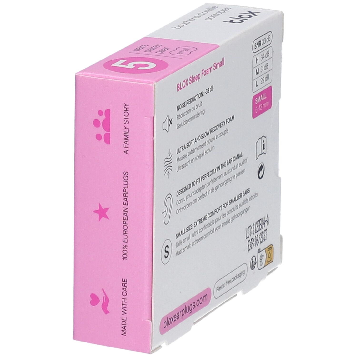 Verpakking met informatie. Merk blox. Opschrift 'Sleep Foam Small'. Gemaakt in Europa. Kleine maat.