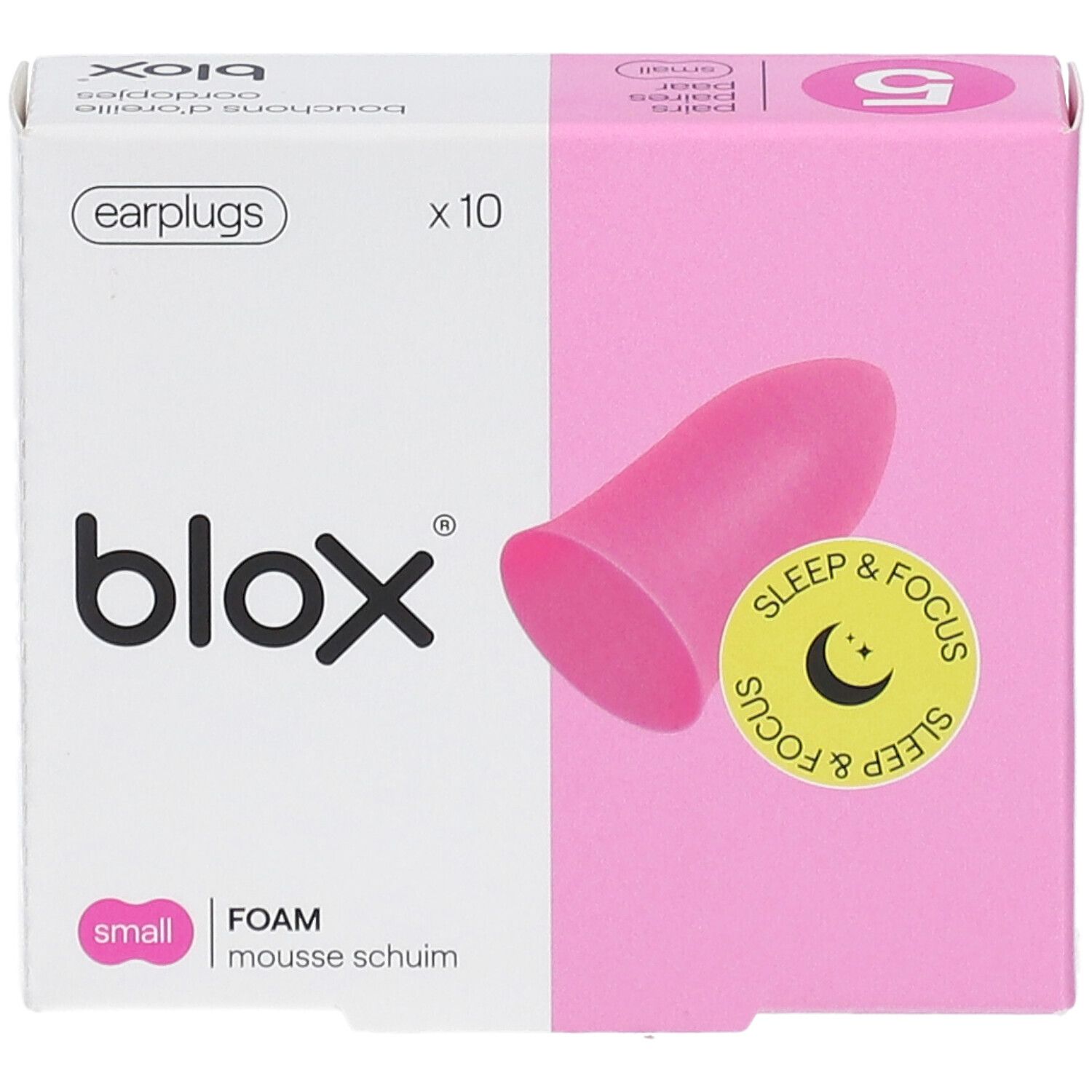Verpakking met roze oordopje. Merk blox, opschrift 'Sleep & Focus'. Kleine maat, schuim, 10 stuks.