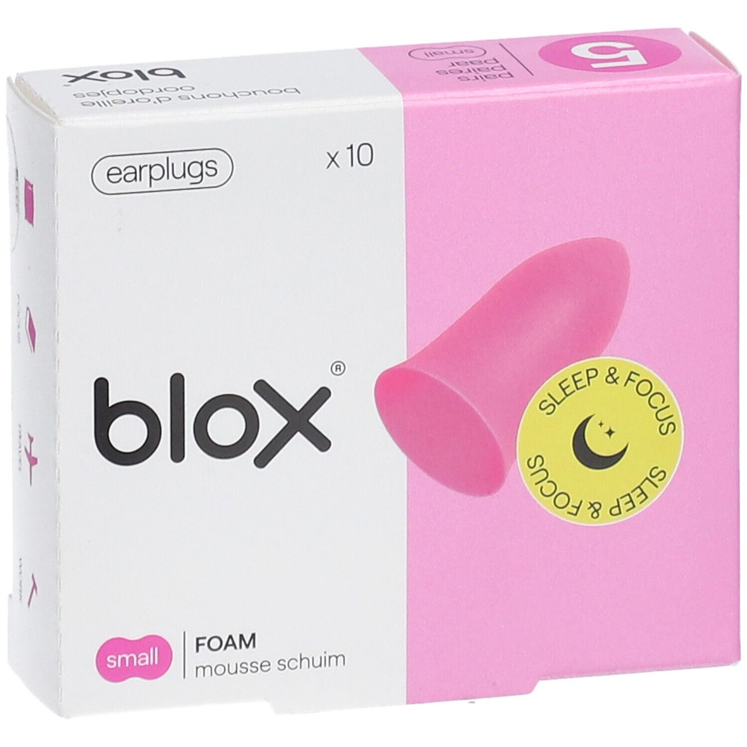 Verpakking met roze oordopje. Merk blox, opschrift 'Sleep & Focus'. Kleine maat, schuim, 10 stuks.