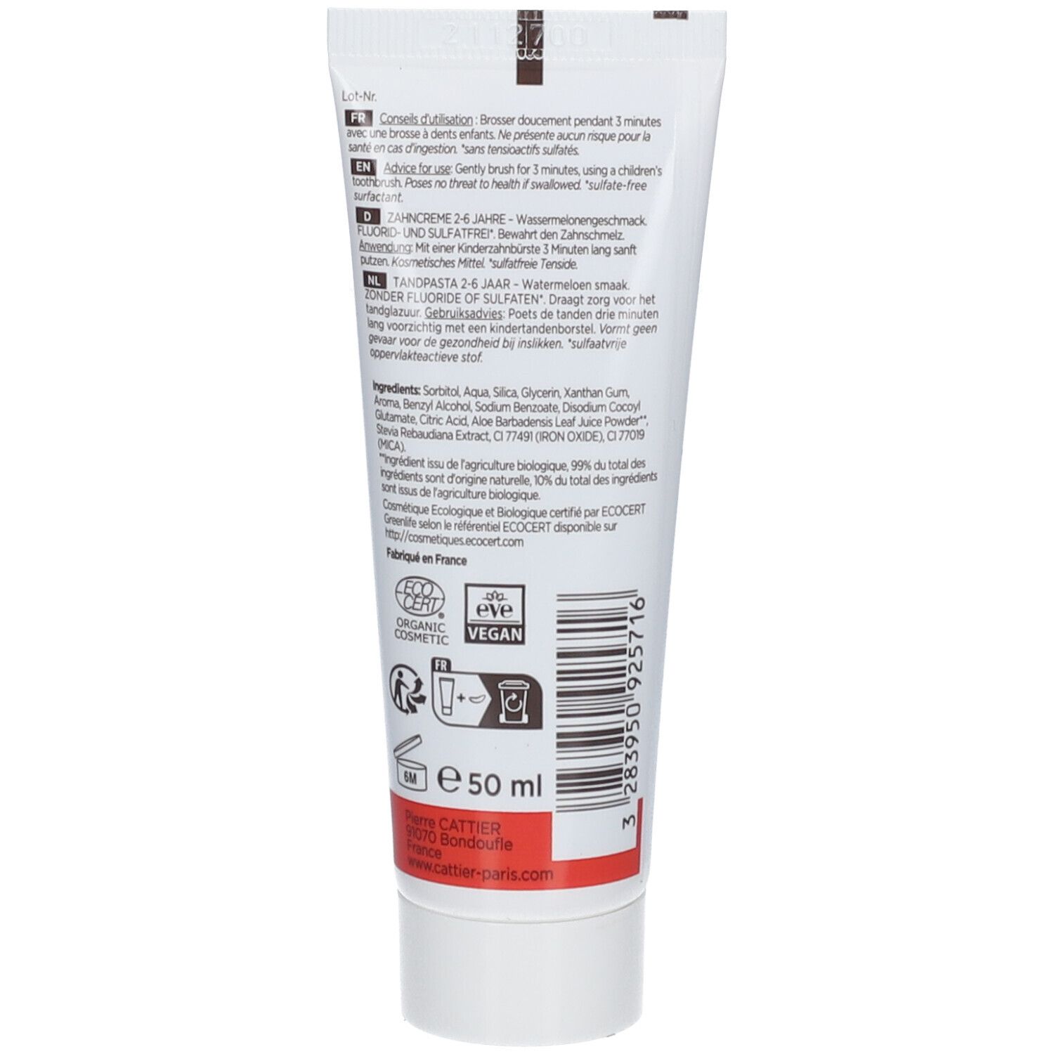 Tube de dentifrice. Blanc, avec texte rouge et noir. Contient 50 ml. Certifications ECOCERT et Vegan. Inscription: CATTIER.