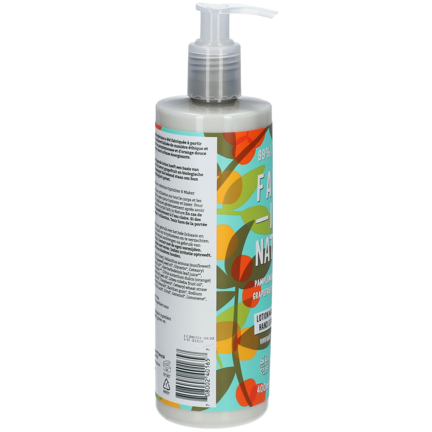 Dos du flacon de lotion. Texte : Faith In Nature, ingrédients, informations. 400ml.