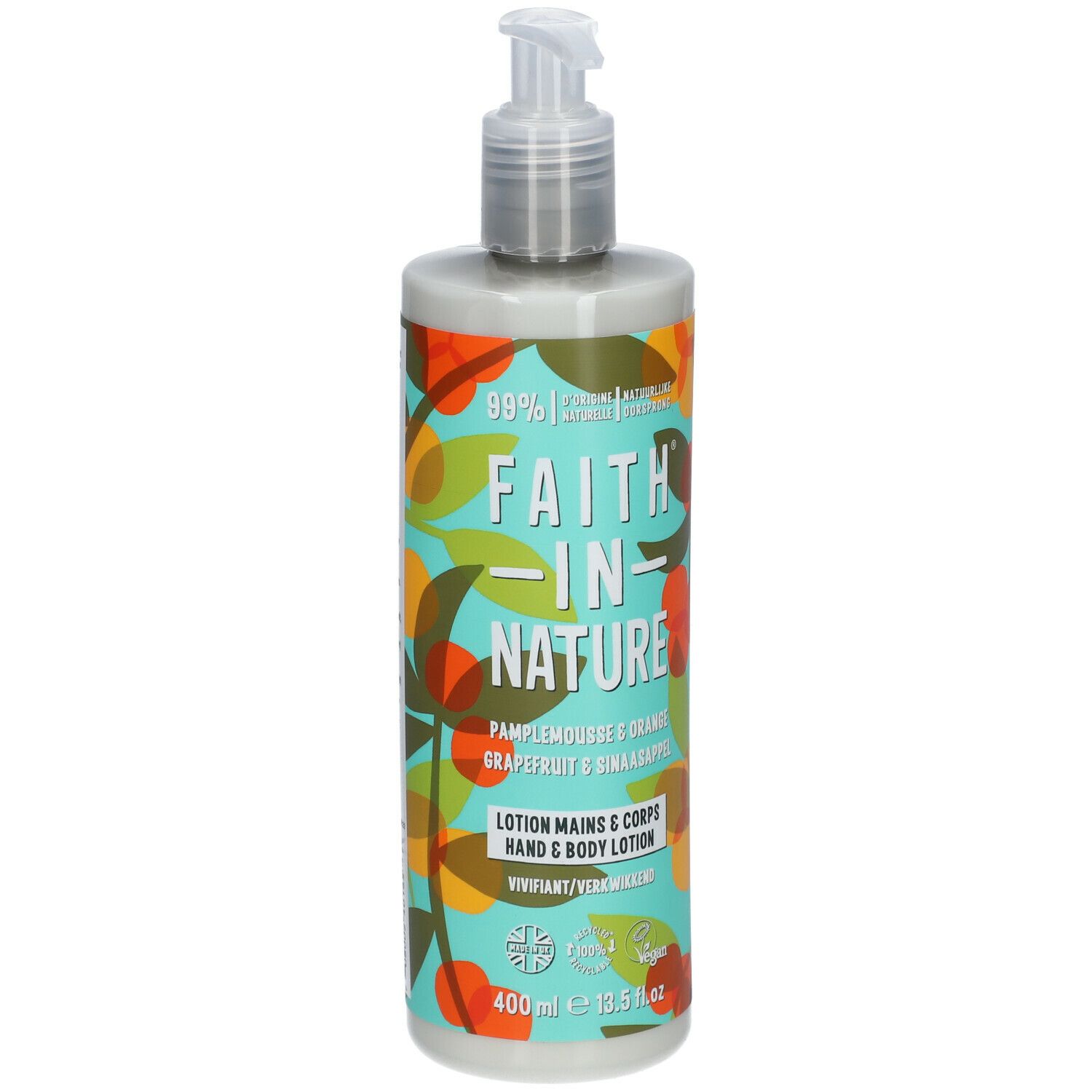 Flacon de lotion avec pompe. Inscription : Faith In Nature, Pamplemousse & Orange. 400ml.
