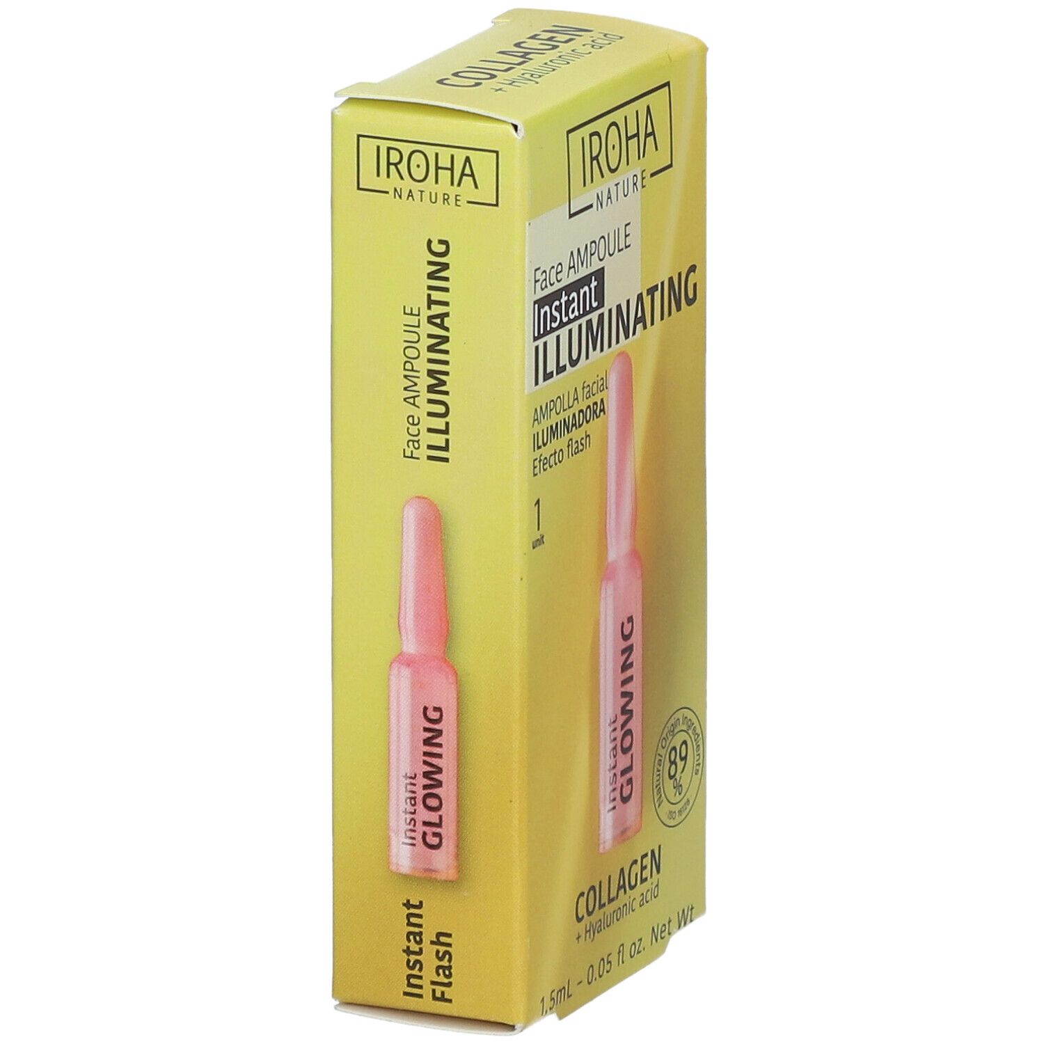 Boîte jaune avec ampoule IROHA Nature Face. Une ampoule visible. Texte: Instant Glowing, Instant Flash.