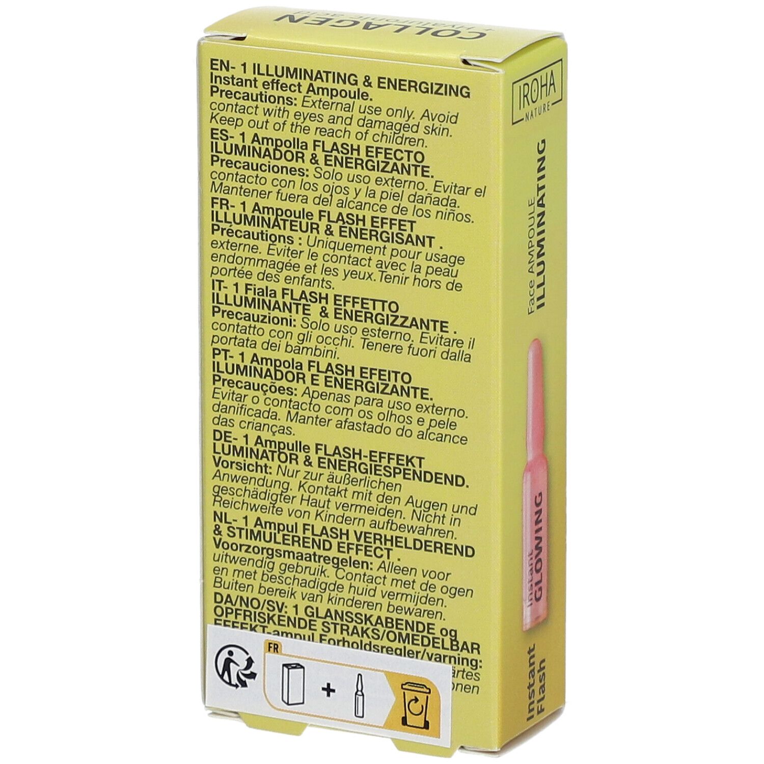 Dos de la boîte jaune avec texte multilingue. Une ampoule est illustrée.