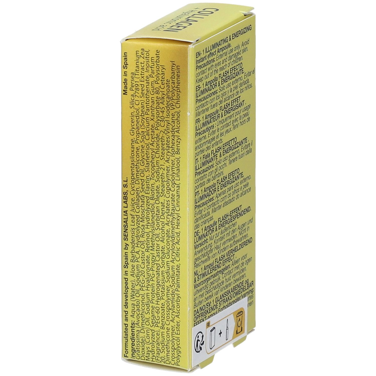 Boîte jaune avec texte. Contient ingrédients et origine. Fabriqué en Espagne.