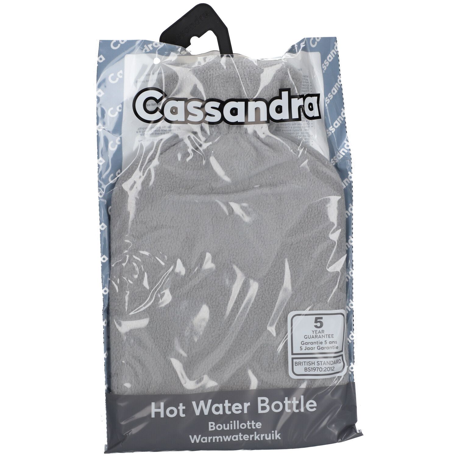 Grijze warmwaterkruik in imitatiebont hoes in plastic verpakking. Merk Cassandra. Ophanghaak.