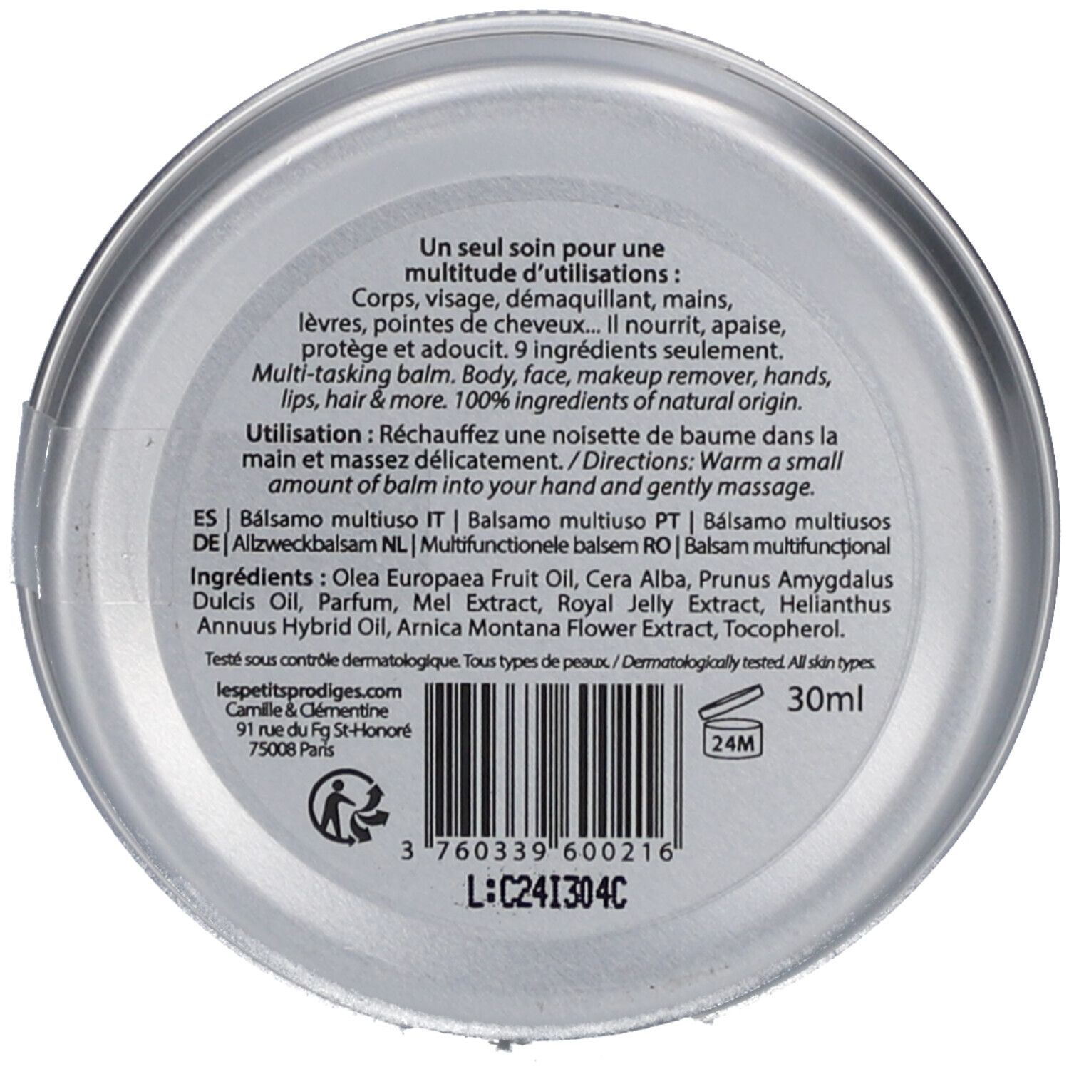 Ronde bodem met tekst. Ingrediënten, gebruiksaanwijzing, 30ml. Opschrift: Les Petits Prödiges. Code en recycling symbool.