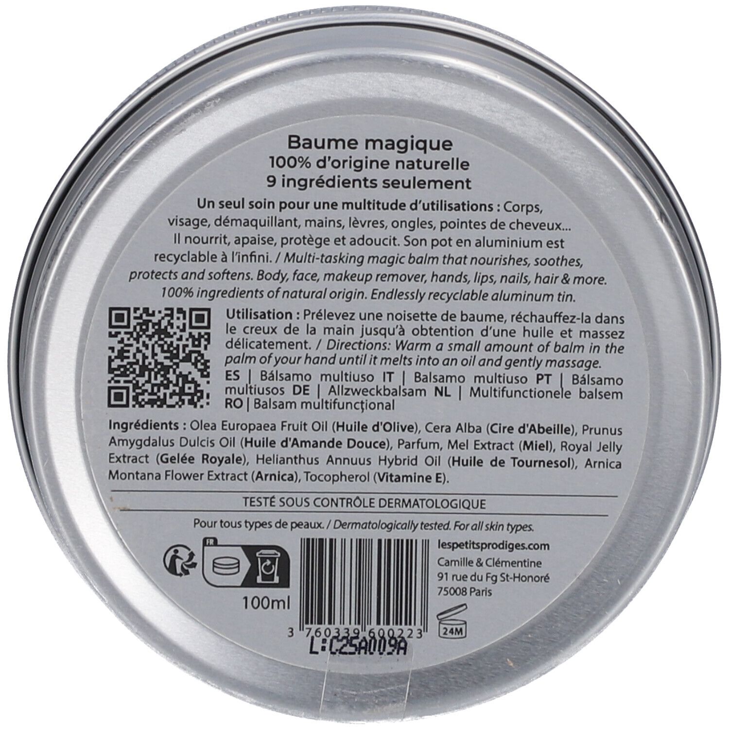 Achterkant van de doos. Tekst: Baume magique, 100% d'origine naturelle, 9 ingrédients seulement. QR-code en ingrediënten.