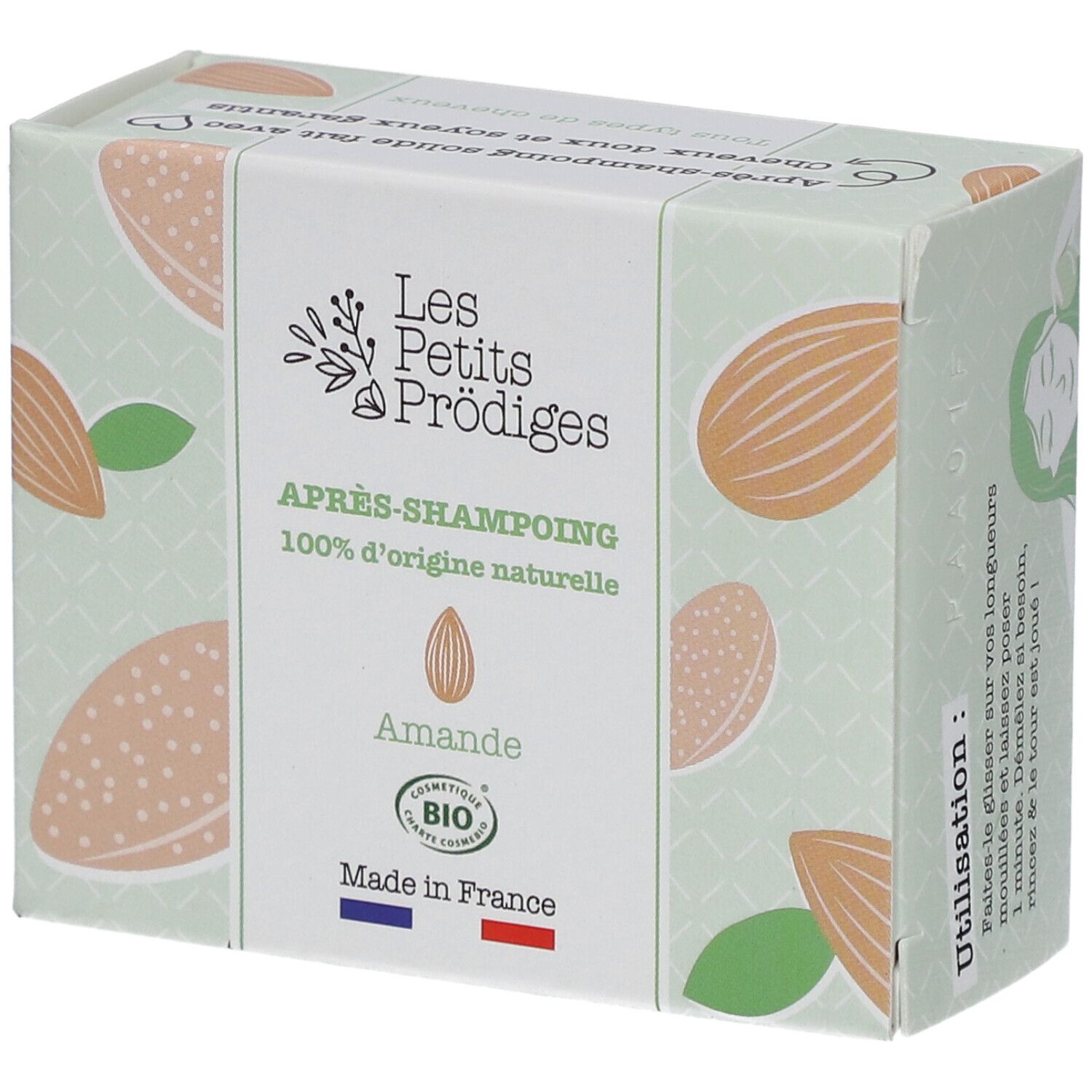 Verpakking Les Petits Prodiges Après-shampooing. Amandelmotief, bio-label, Franse vlag.