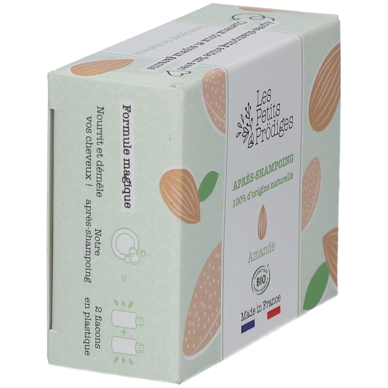 Verpakking Les Petits Prodiges Après-shampooing. Tekst, amandelmotief, bio-label.