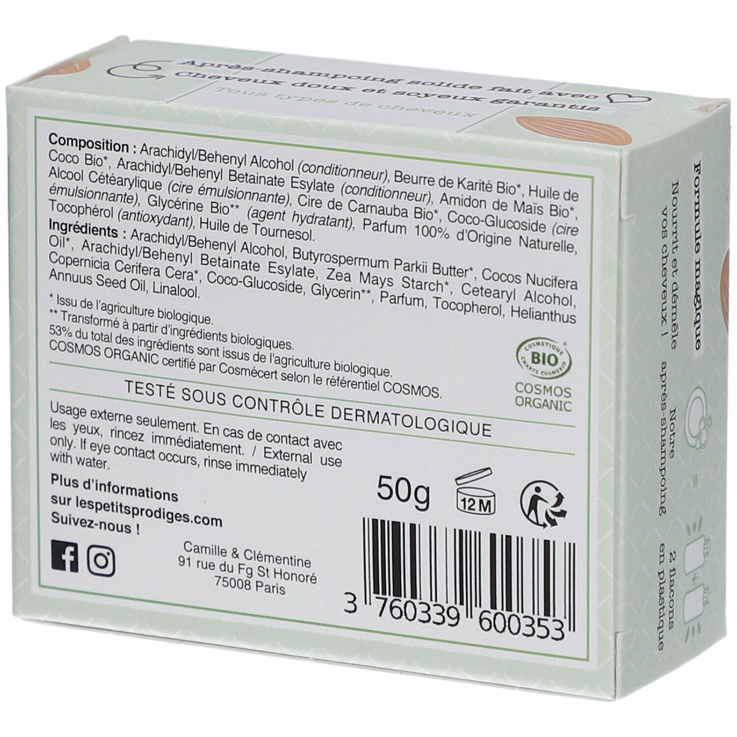 Verpakking Les Petits Prodiges Après-shampooing. Ingrediënten, 50g, COSMOS ORGANIC label.