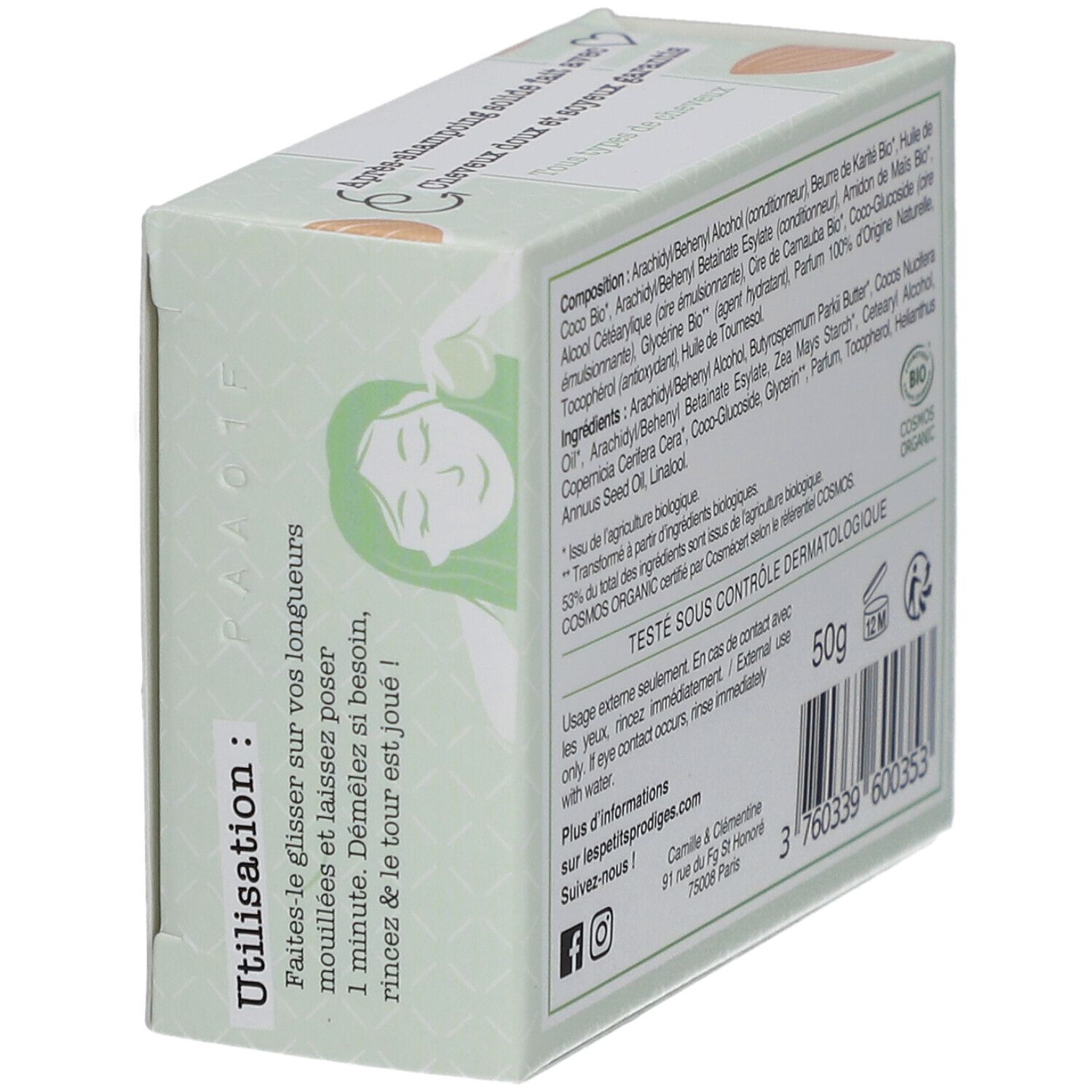 Verpakking Les Petits Prodiges Après-shampooing. Gebruiksaanwijzing, 50g, COSMOS ORGANIC label.