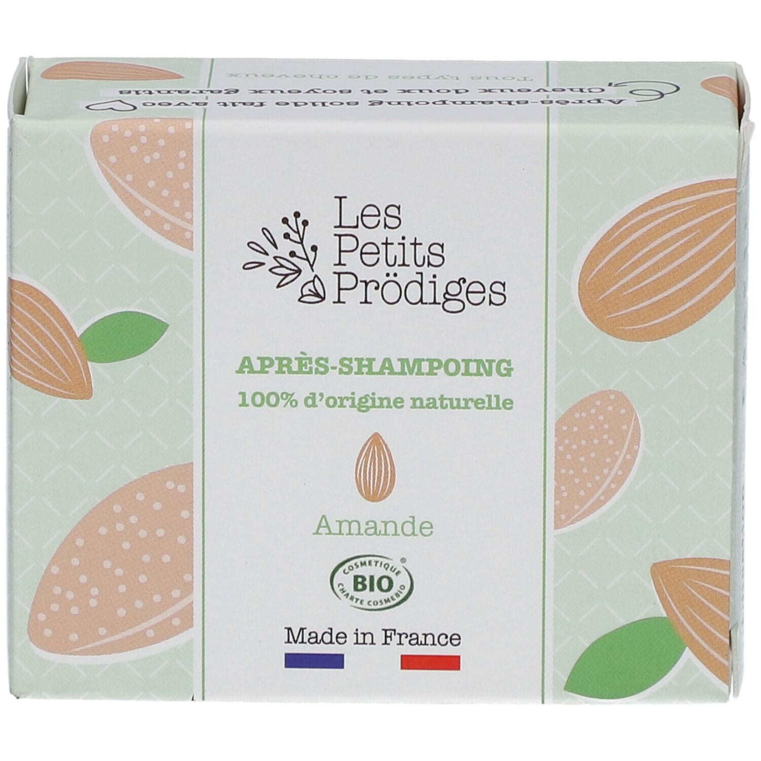 Verpakking Les Petits Prodiges Après-shampooing. Amandelmotief, bio-label, Franse vlag.