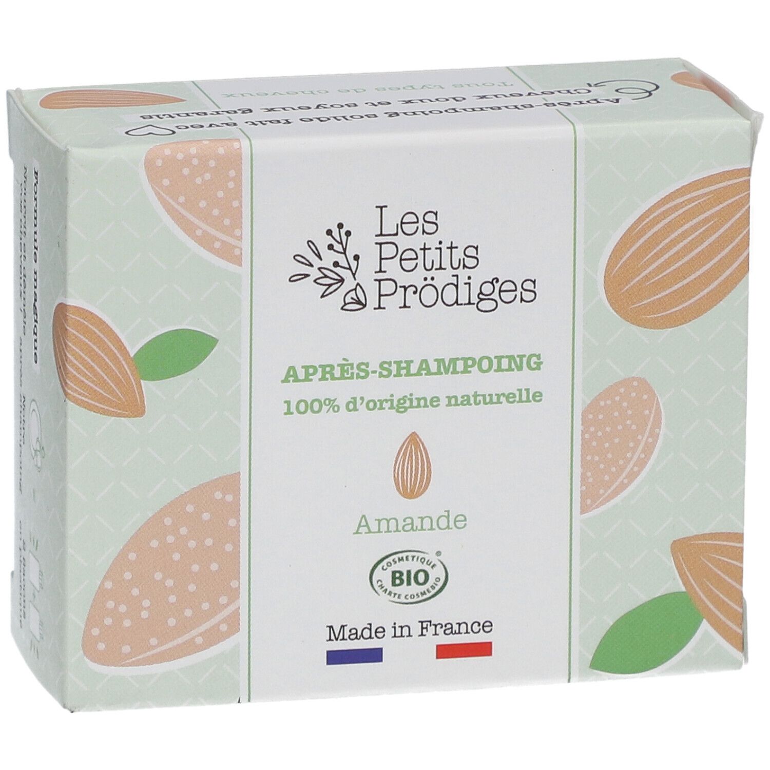 Verpakking Les Petits Prodiges Après-shampooing. Amandelmotief, bio-label, Franse vlag.