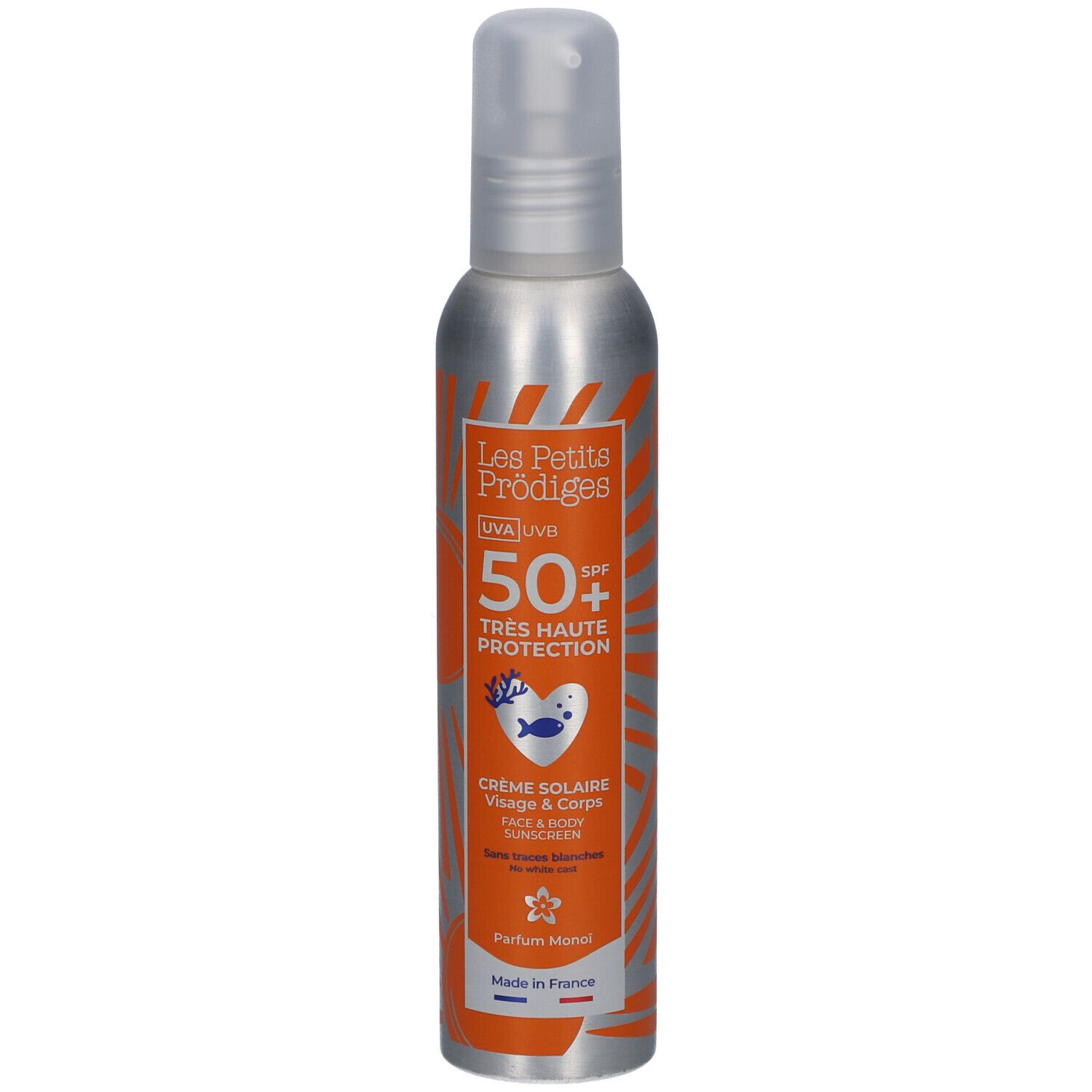 Zonnebrandspray, zilveren fles, oranje etiket. Tekst: UVA UVB, SPF 50+, Crème Solaire Visage & Corps.