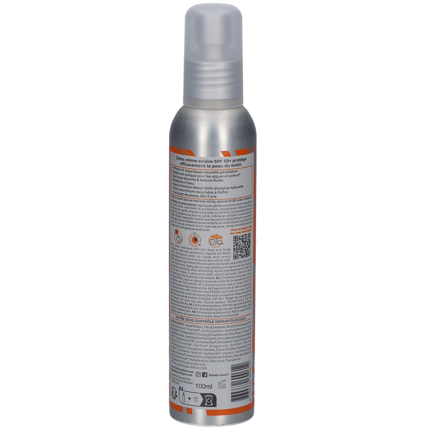 Zonnebrandspray, zilveren fles, tekst op de achterkant. Bevat informatie over gebruik en ingrediënten.