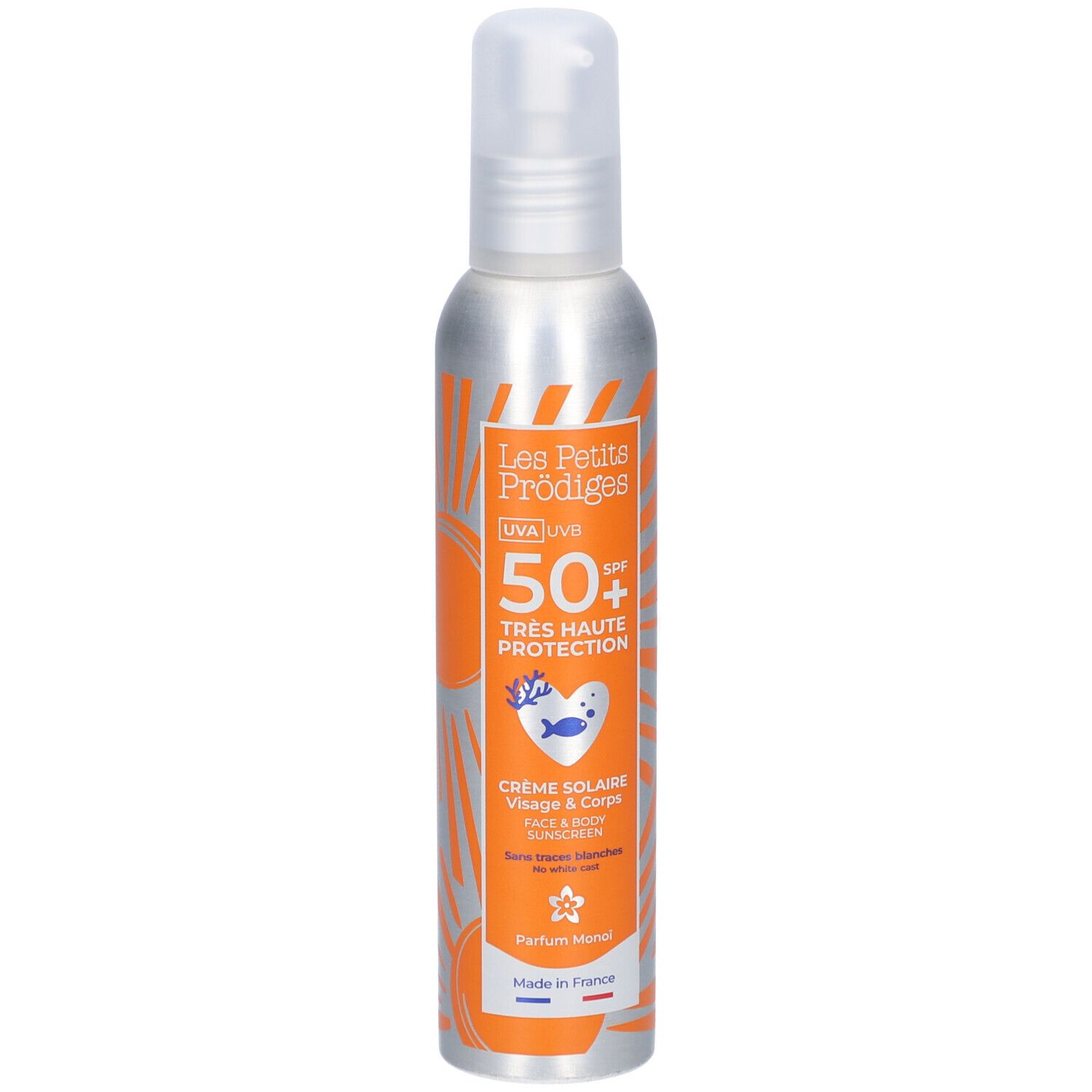 Zonnebrandspray, zilveren fles, oranje etiket. Tekst: UVA UVB, SPF 50+, Crème Solaire Visage & Corps.