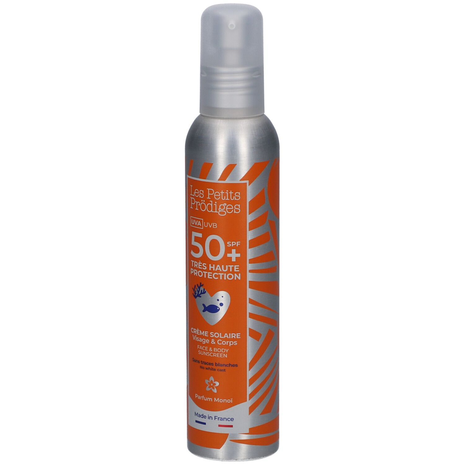 Zonnebrandspray, zilveren fles, oranje etiket. Tekst: UVA UVB, SPF 50+, Crème Solaire Visage & Corps.