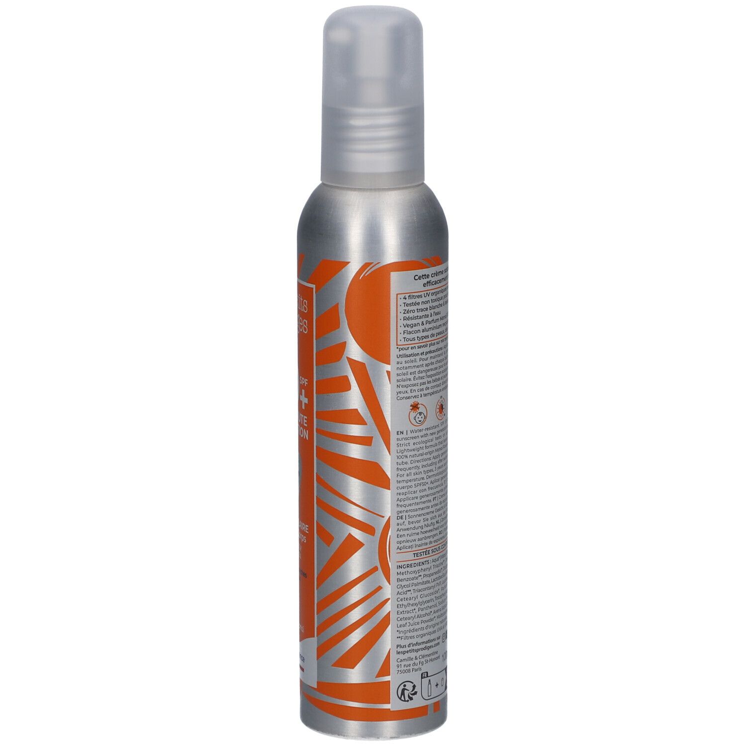 Zonnebrandspray, zilveren fles, oranje etiket. Achterkant met tekst en zonnesymbool.