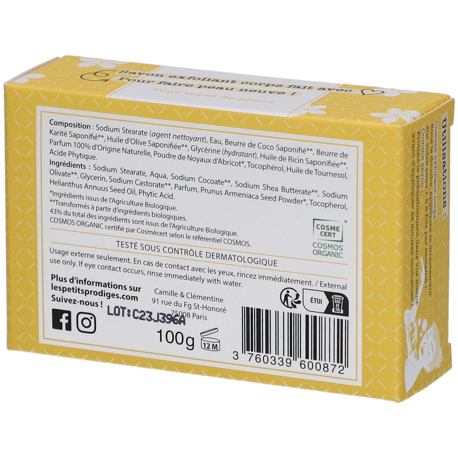 Achterkant van de gele doos. Ingrediënten, COSMOS ORGANIC certificering, contactgegevens, barcode, 100g, 12M.