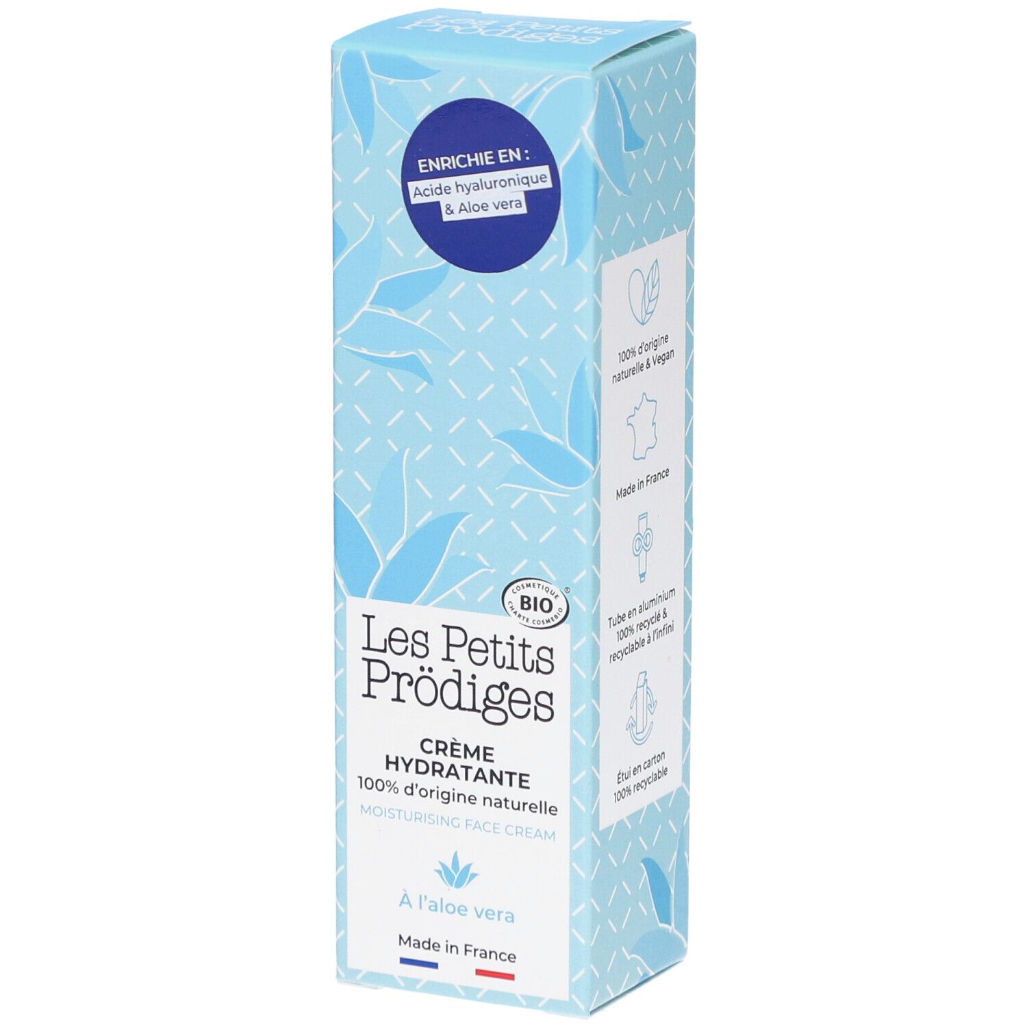 Lichtblauwe doos. Opschrift: Les Petits Prodiges, Crème Hydratante, 100% d'origine naturelle. Met Aloe Vera.