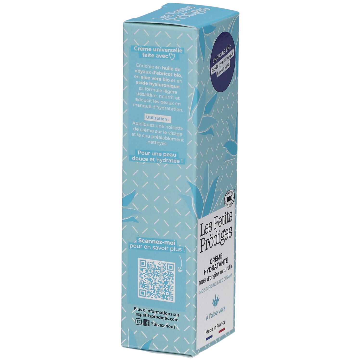 Lichtblauwe doos. Tekst: Crème universelle, QR-code, Plus d'informations sur lespetitsprodiges.com.