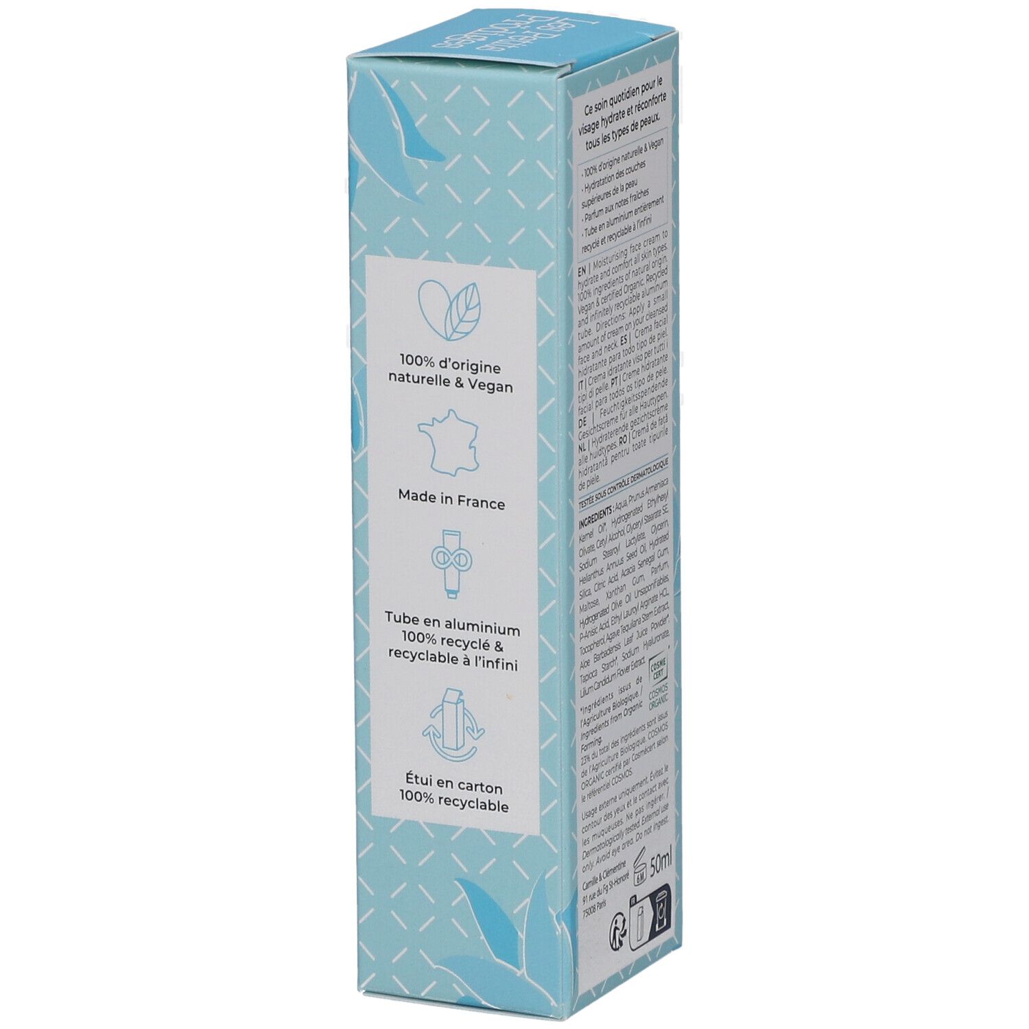 Lichtblauwe doos. Tekst: 100% d'origine naturelle & Vegan, Made in France, Tube en aluminium.