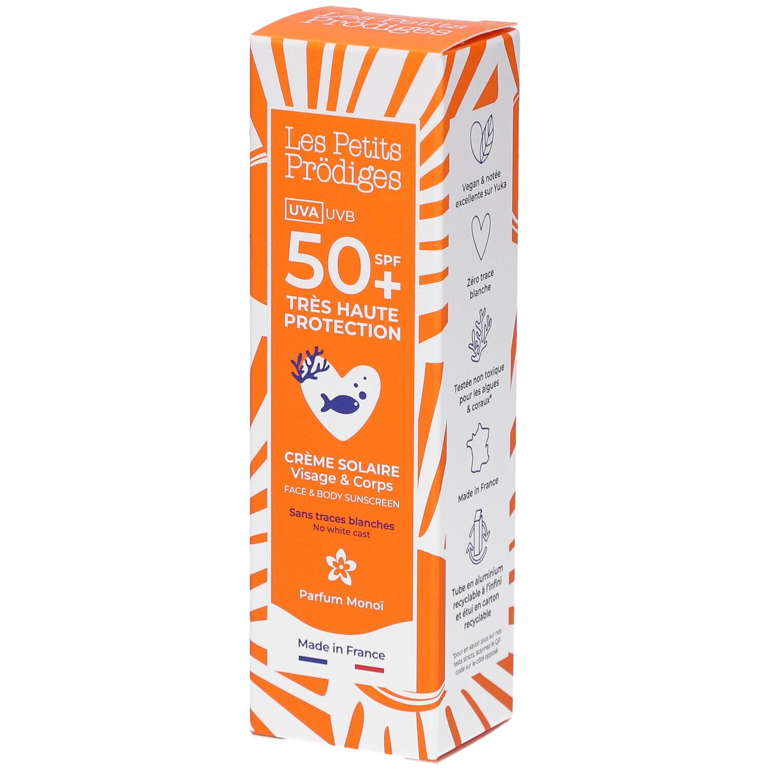 Oranje verpakking. Tekst: Les Petits Prodiges, UVA UVB, 50+ SPF, Crème Solaire Visage & Corps. Made in France.