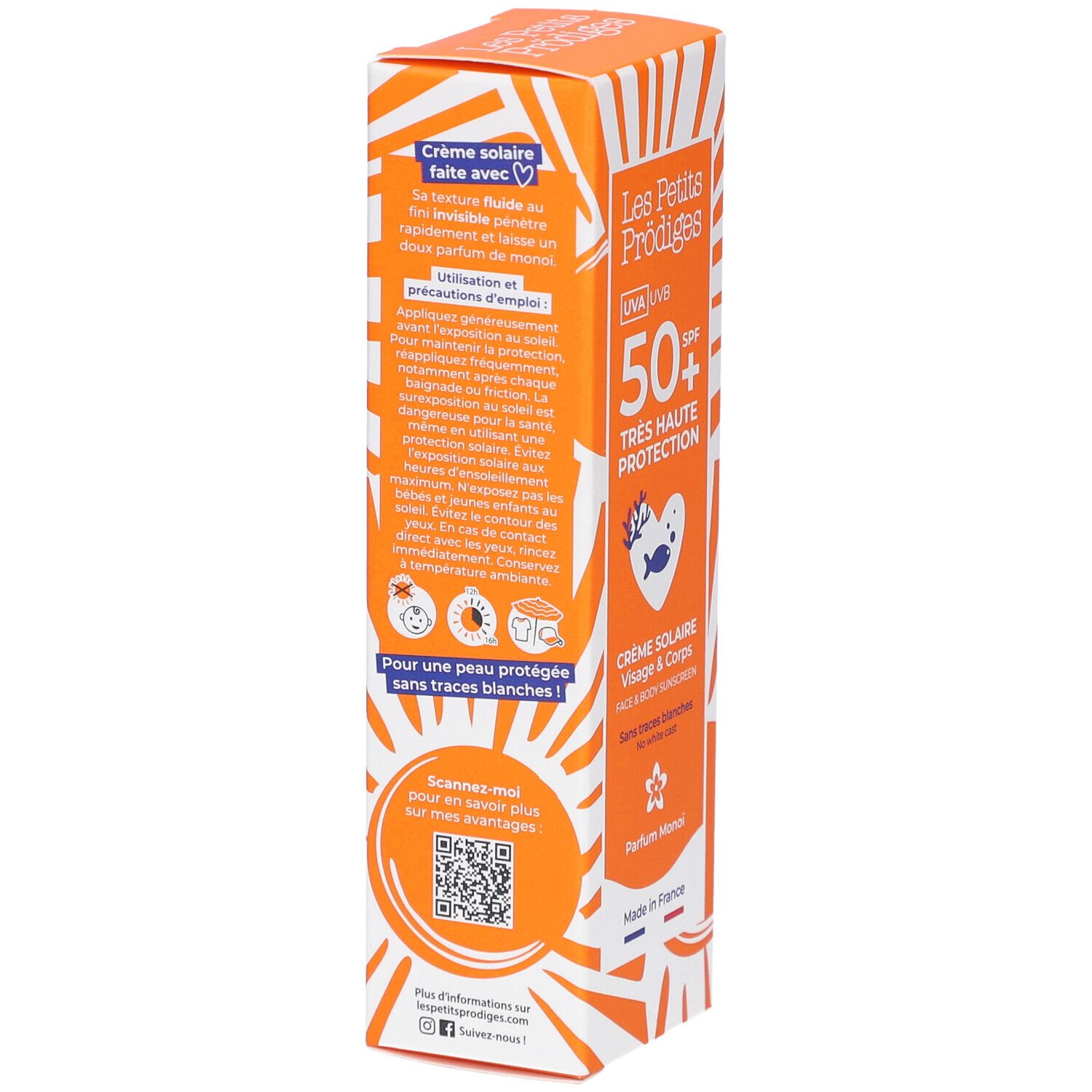 Oranje verpakking. Tekst: Crème solaire faite avec, voor een beschermde huid zonder witte sporen. QR-code.