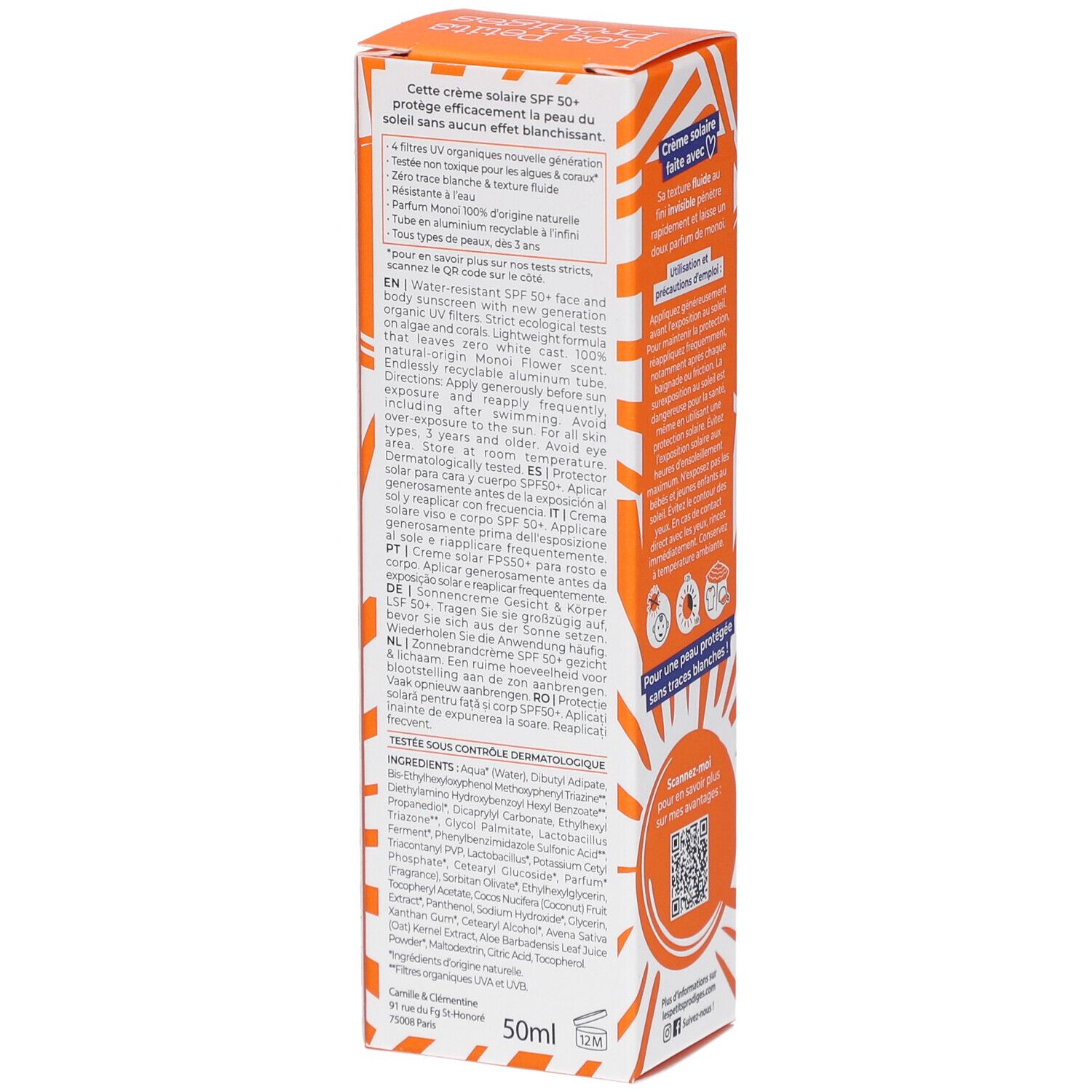 Oranje verpakking. Tekst: Deze zonnecrème SPF 50+ beschermt de huid tegen de zon zonder te glanzen. 50ml.