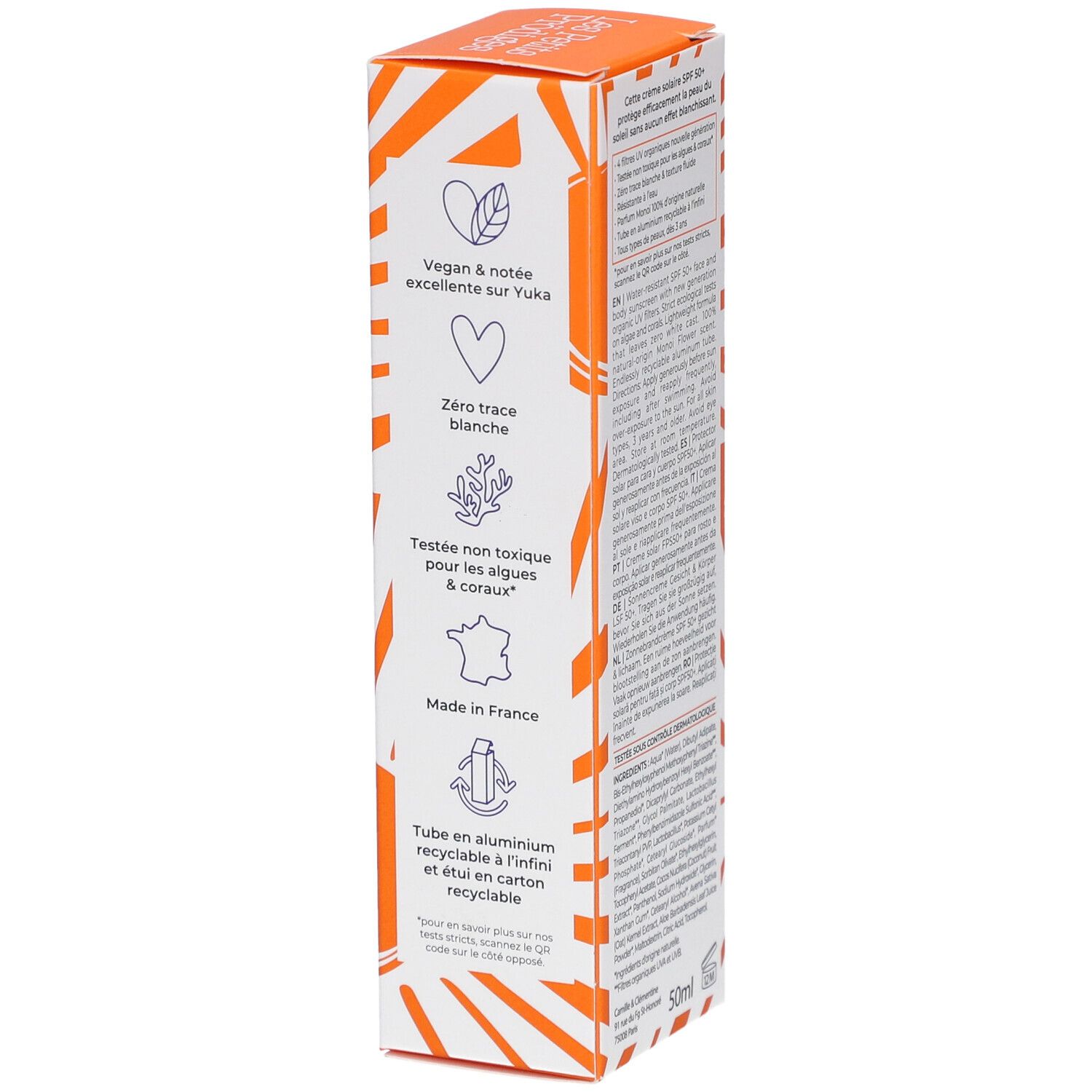 Oranje verpakking. Tekst: Vegan & uitstekend beoordeeld op Yuka. Zero trace blanche. Getest niet giftig voor algen & koraal.