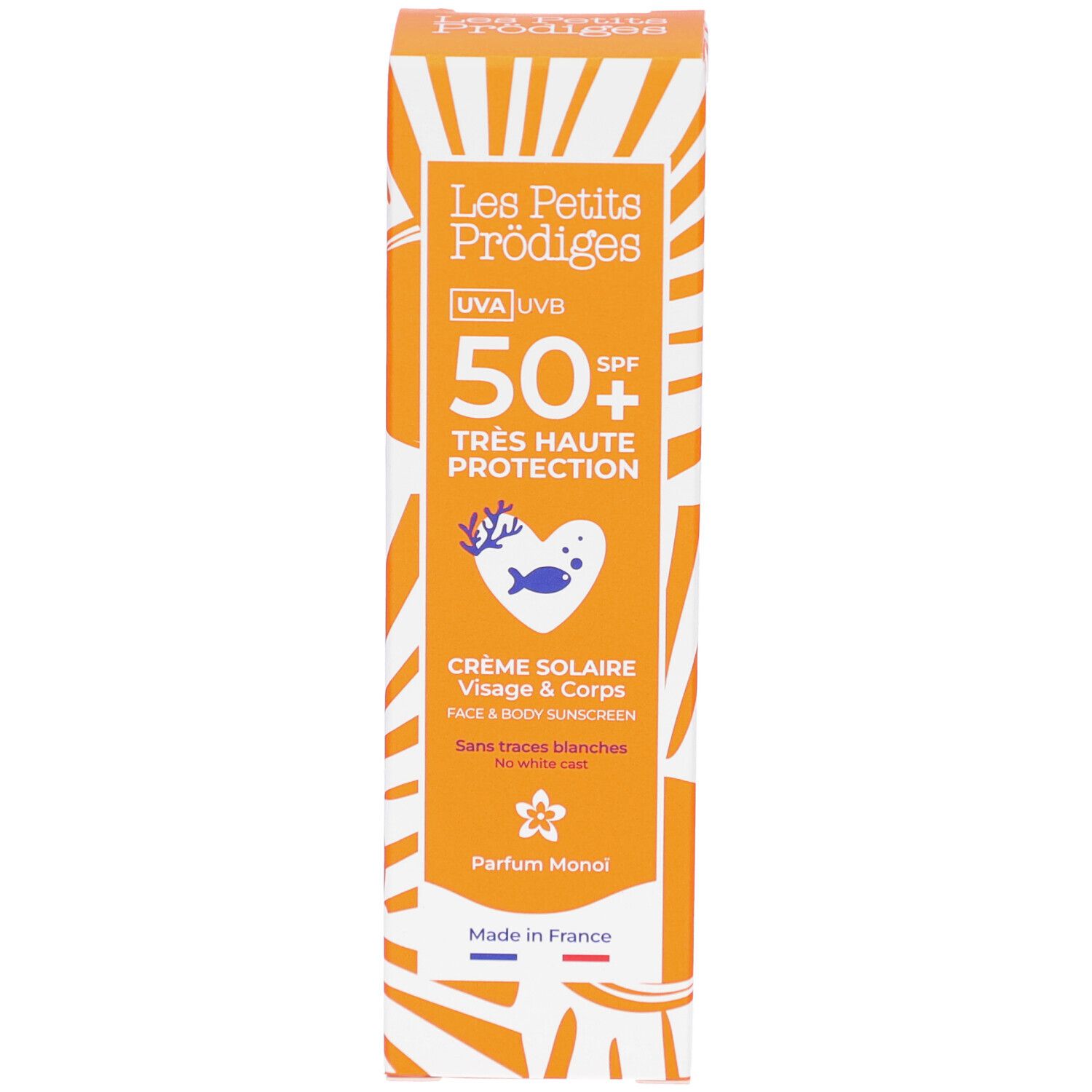 Oranje verpakking. Tekst: Les Petits Prodiges, UVA UVB, 50+ SPF, Crème Solaire Visage & Corps. Made in France.