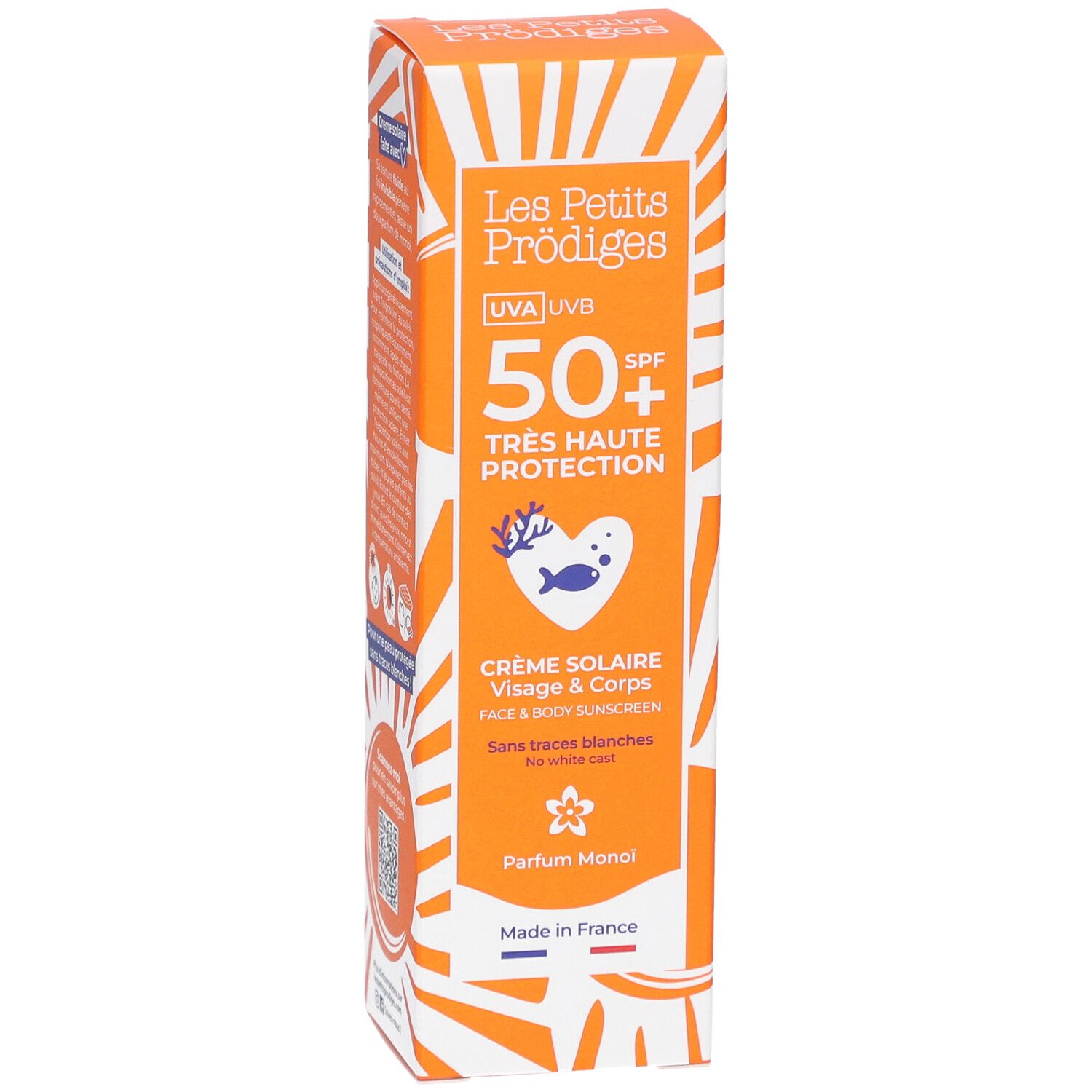 Oranje verpakking. Tekst: Les Petits Prodiges, UVA UVB, 50+ SPF, Crème Solaire Visage & Corps. Made in France.