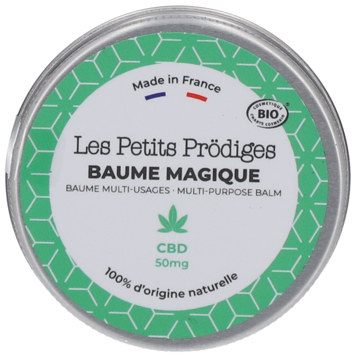 Boîte ronde, étiquette verte. Inscription: Les Petits Prodiges, Baume Magique, CBD 50mg. Certification bio.