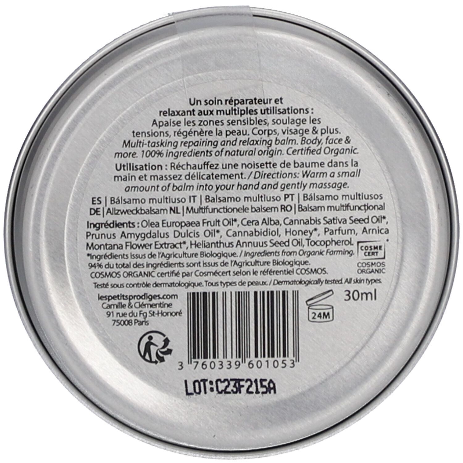 Dos du pot. Texte multilingue. Ingrédients, mode d'emploi, certification. 30ml.