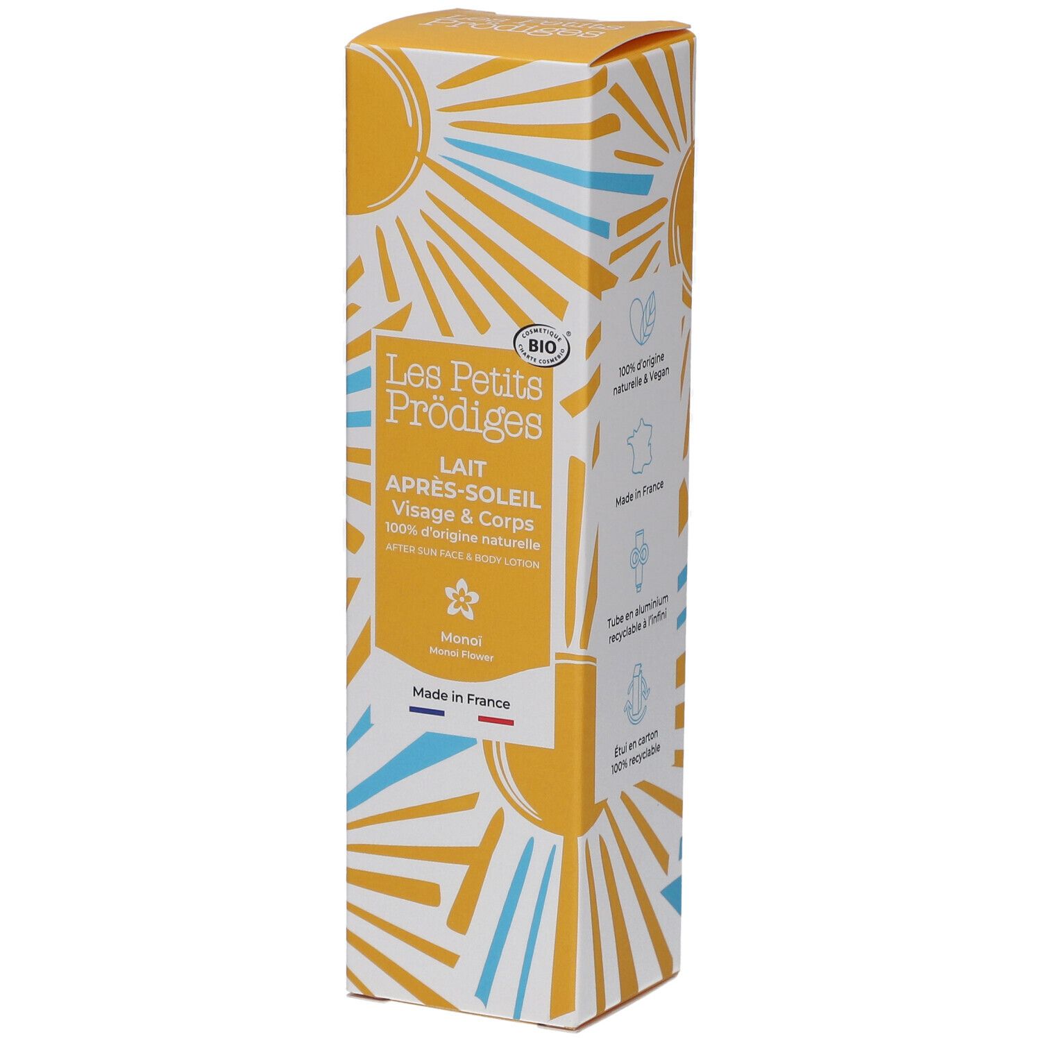 Gele verpakking met productnaam en logo. Tekst: Lait Après-Soleil, 100% d'origine naturelle. Bio-label. Made in France.