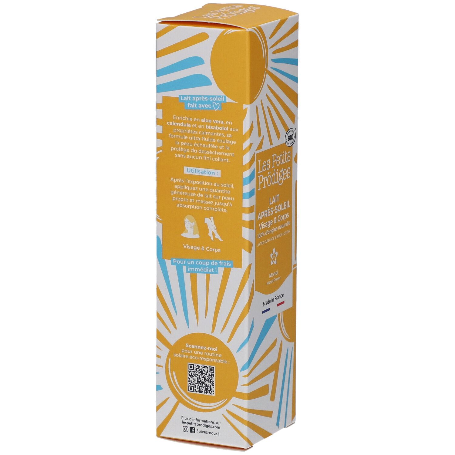 Gele verpakking met productinformatie. Tekst: Lait après-soleil, gebruiksaanwijzing, QR-code. Zon- en wolkenontwerp.