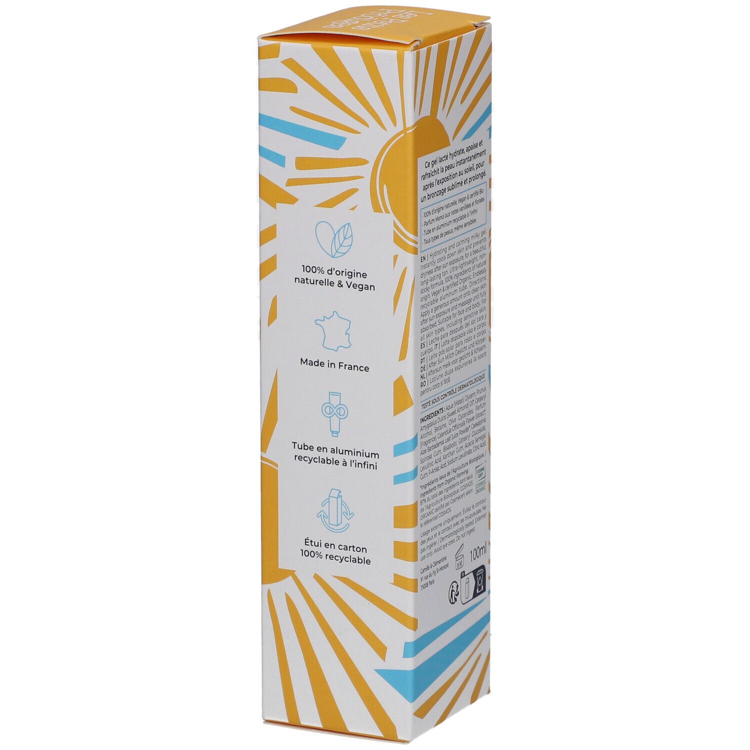 Gele verpakking met productinformatie. Tekst: 100% natuurlijk & vegan, Made in France, recyclebaar. Zon- en wolkenontwerp.
