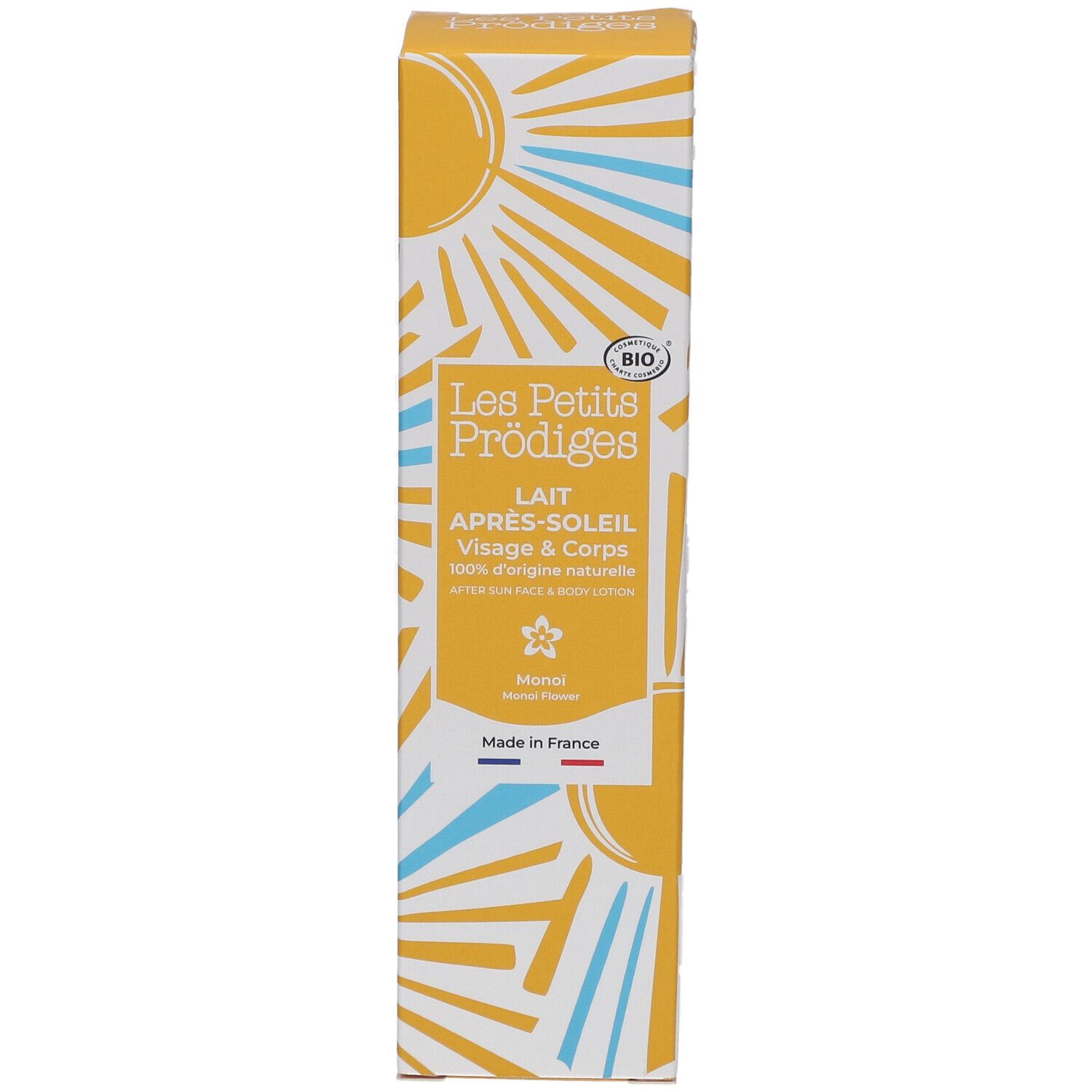 Gele verpakking met productnaam en logo. Tekst: Lait Après-Soleil, 100% d'origine naturelle. Bio-label. Made in France.