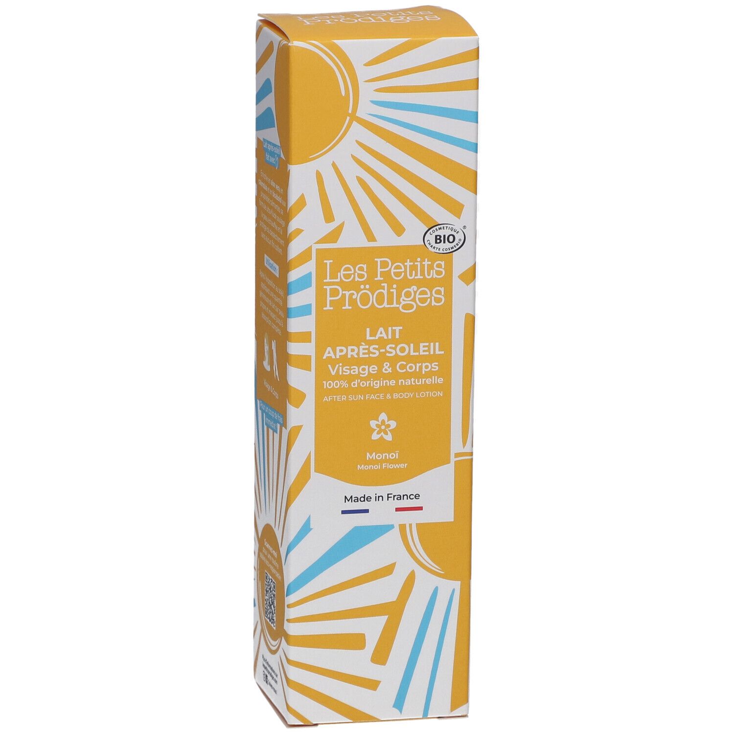 Gele verpakking met productnaam en logo. Tekst: Lait Après-Soleil, 100% d'origine naturelle. Bio-label. Made in France.
