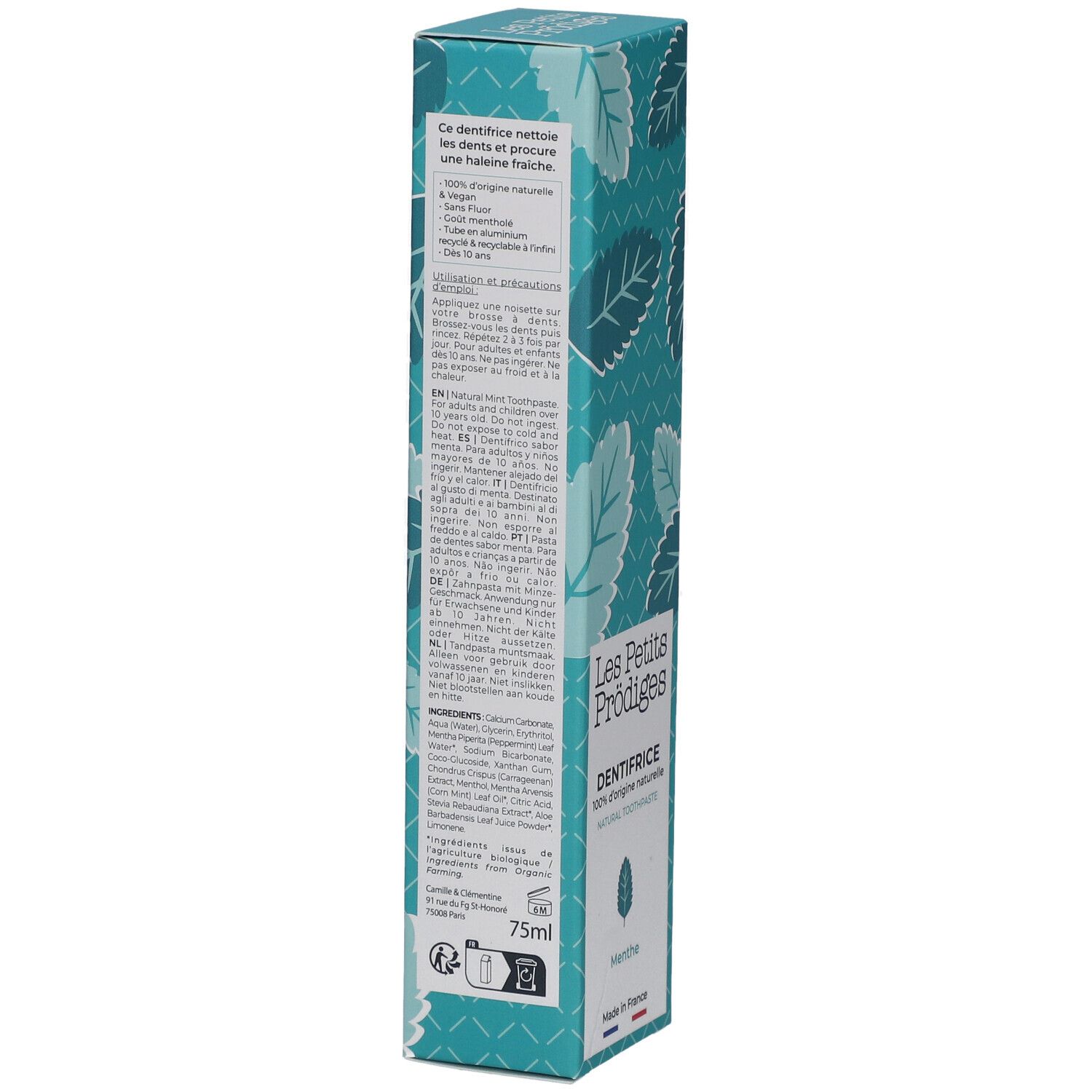 Emballage de dentifrice avec texte multilingue. Contient ingrédients et instructions d'utilisation. 75ml.
