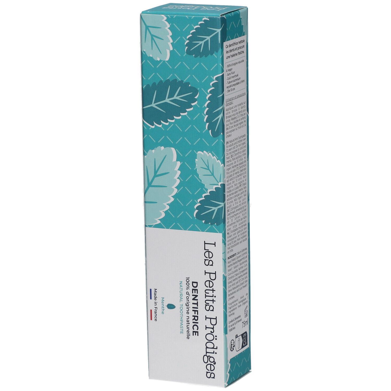 Emballage de dentifrice, vue de face. Texte: Les Petits Prodiges, DENTIFRICE, 100% d'origine naturelle. Fabriqué en France.