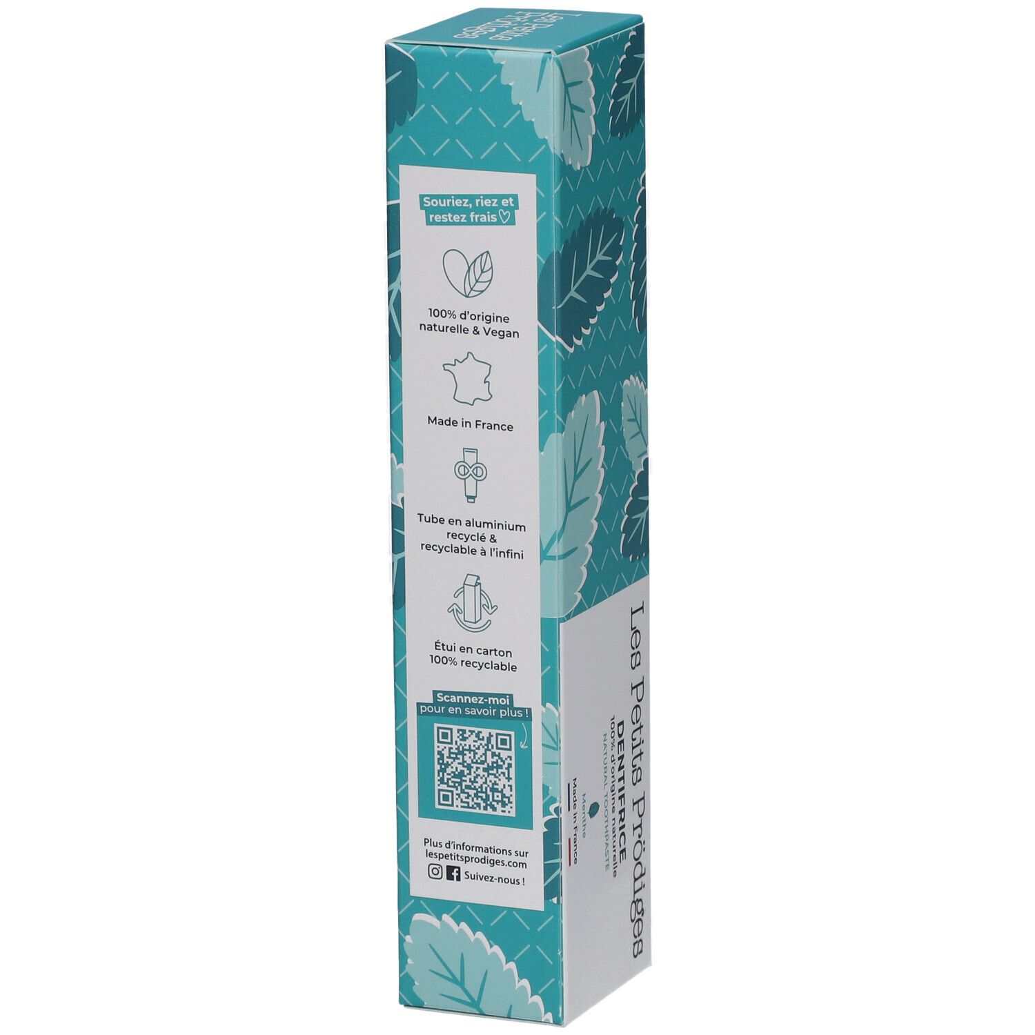 Emballage de dentifrice avec texte et code QR. Contient des informations sur les ingrédients et la durabilité. Vegan.