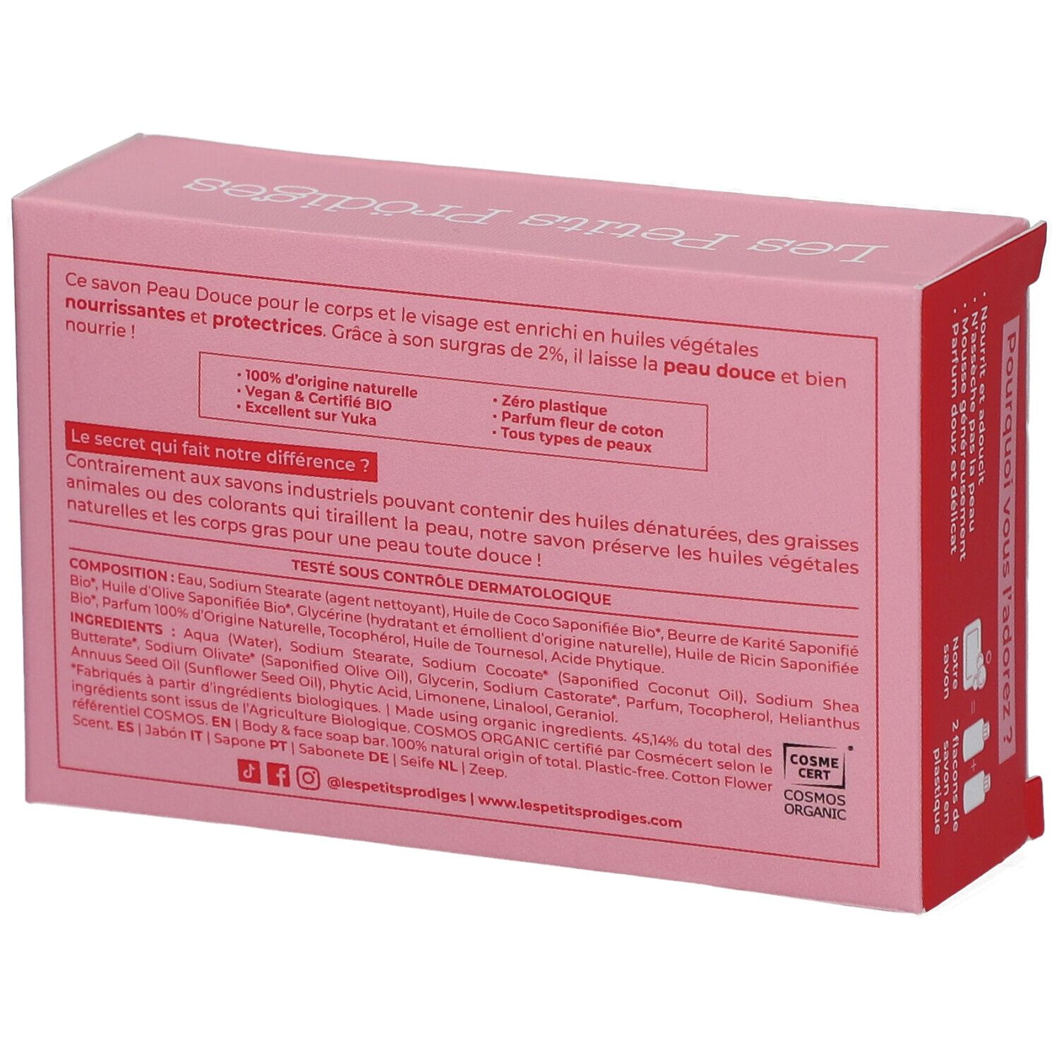 Dos de la boîte rose. Texte: Ingrédients, certification COSMOS ORGANIC. Texte sur les ingrédients et les avantages.