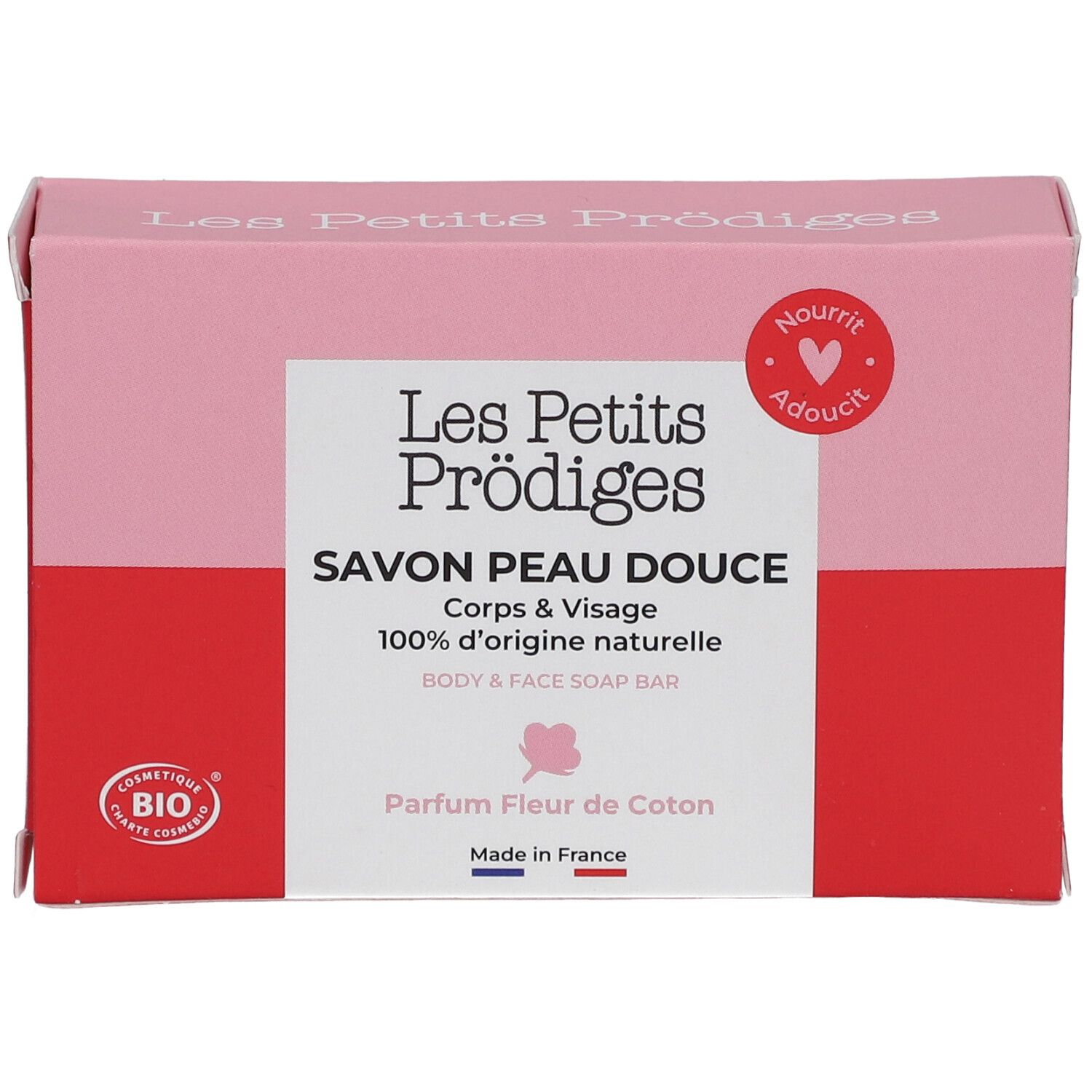 Boîte rose avec texte: SAVON PEAU DOUCE, 100% d'origine naturelle, Parfum Fleur de Coton. Certification BIO.