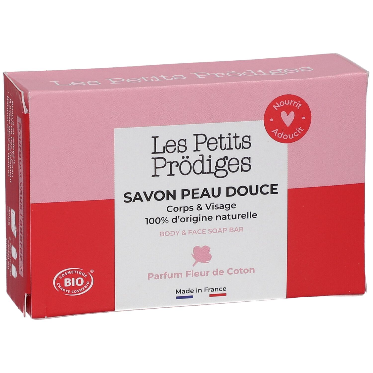 Boîte rose avec texte: SAVON PEAU DOUCE, 100% d'origine naturelle, Parfum Fleur de Coton. Certification BIO.